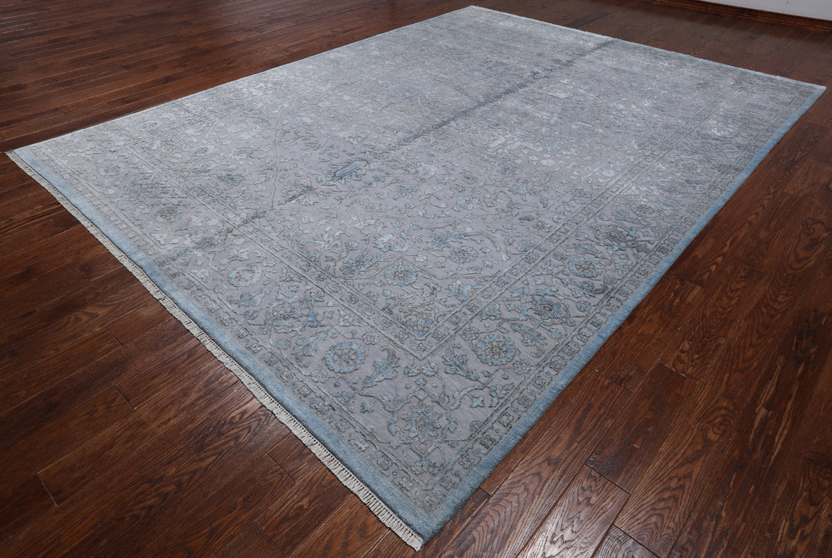 Grey Persian Fine Serapi Hand Knotted Wool & Silk Rug - 9' 1" X 12' 2"