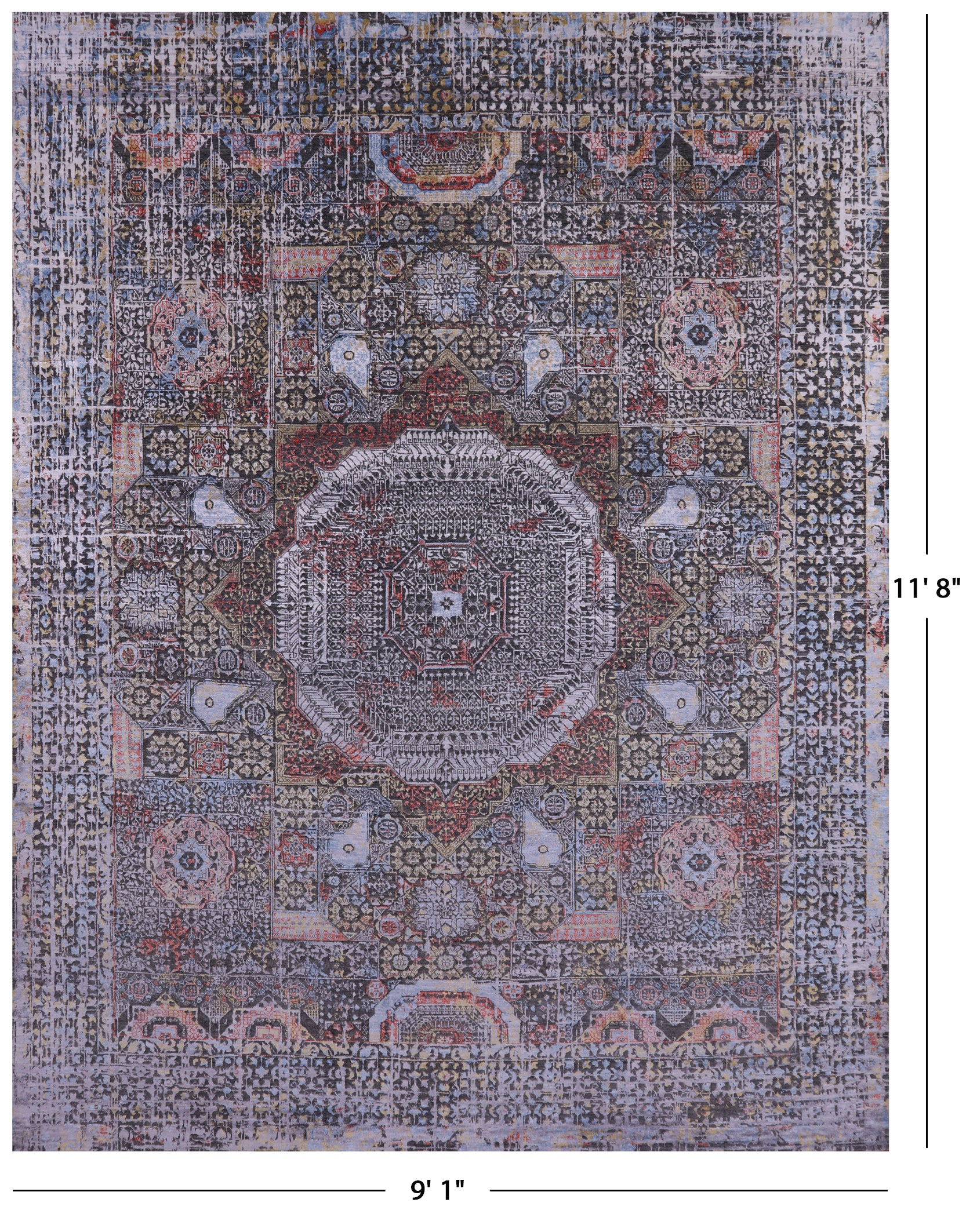 Geometric Persian Mamluk Handmade Wool & Silk Rug - 9' 1" X 11' 8" - Golden Nile