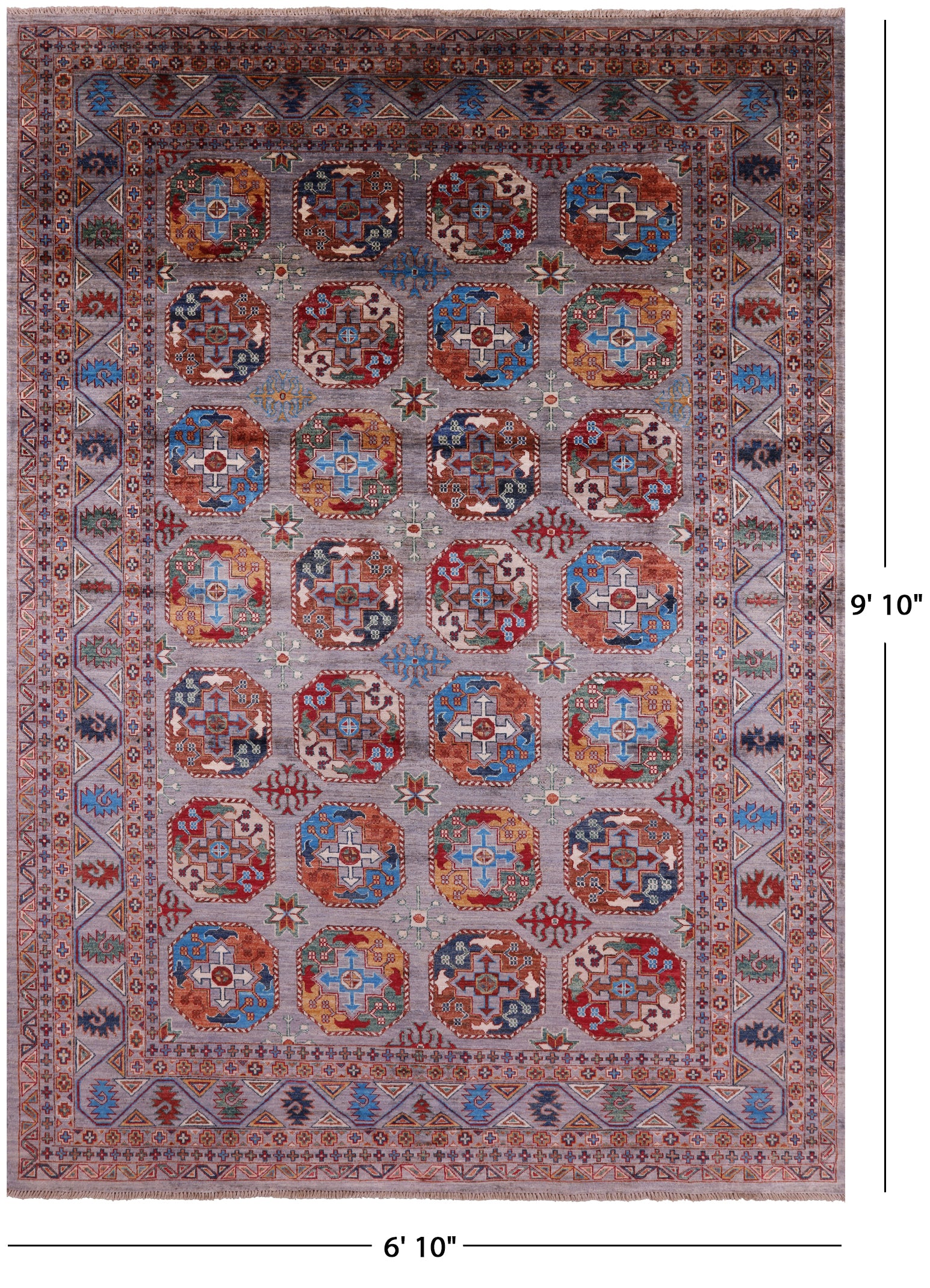 Grey Turkmen Ersari Hand Knotted Wool Rug - 6' 10" X 9' 10" - Golden Nile