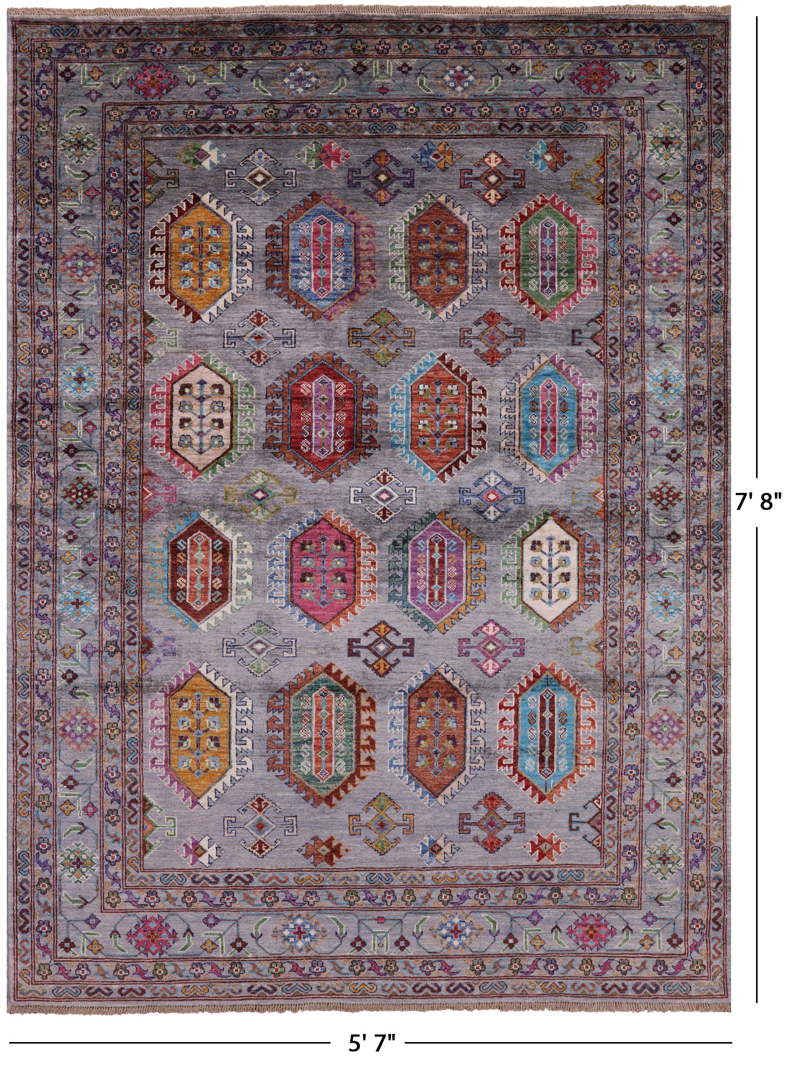 Grey Turkmen Ersari Hand Knotted Wool Rug - 5' 7" X 7' 8" - Golden Nile