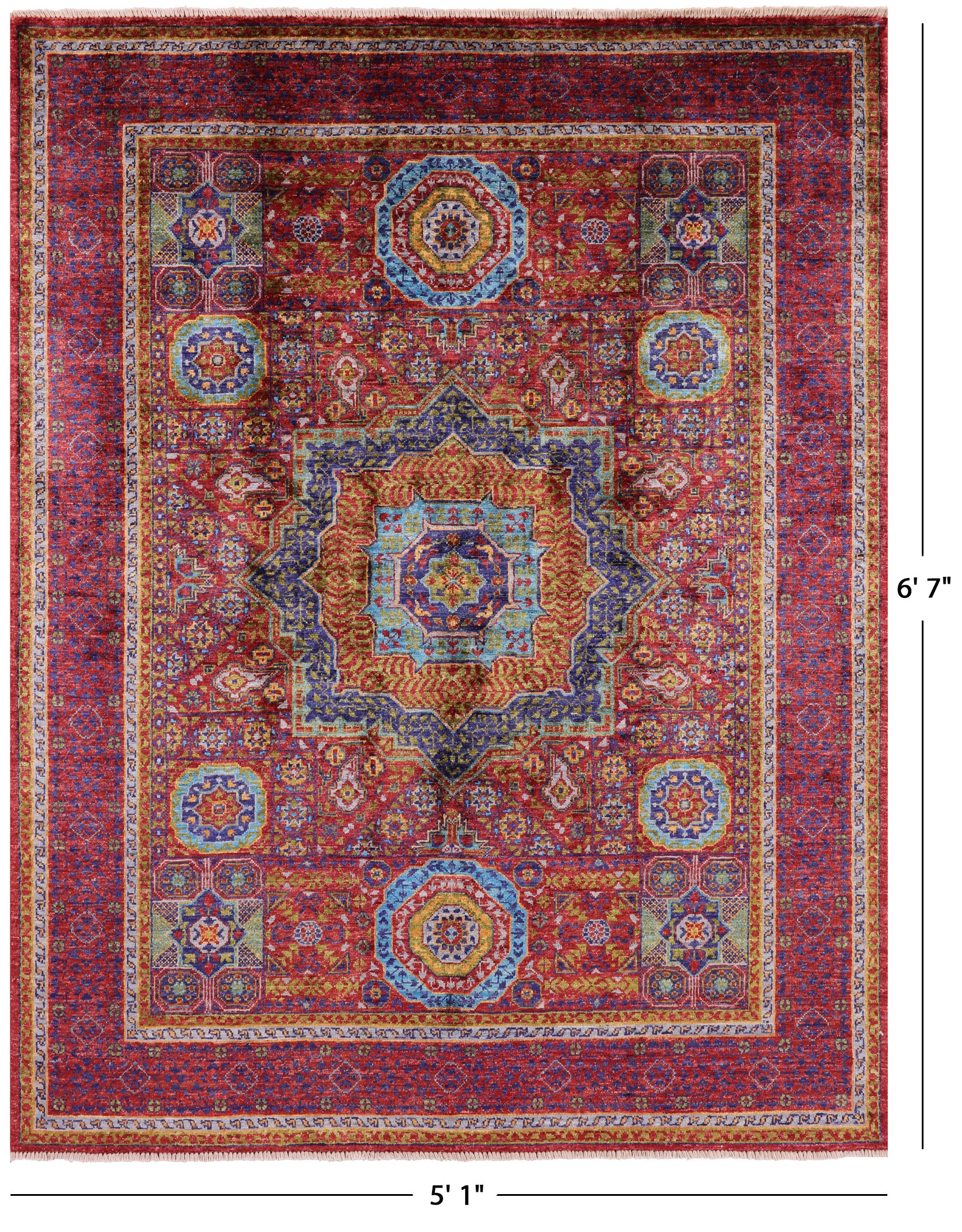 Red Geometric Persian Mamluk Hand Knotted Wool Rug - 5' 1" X 6' 7" - Golden Nile