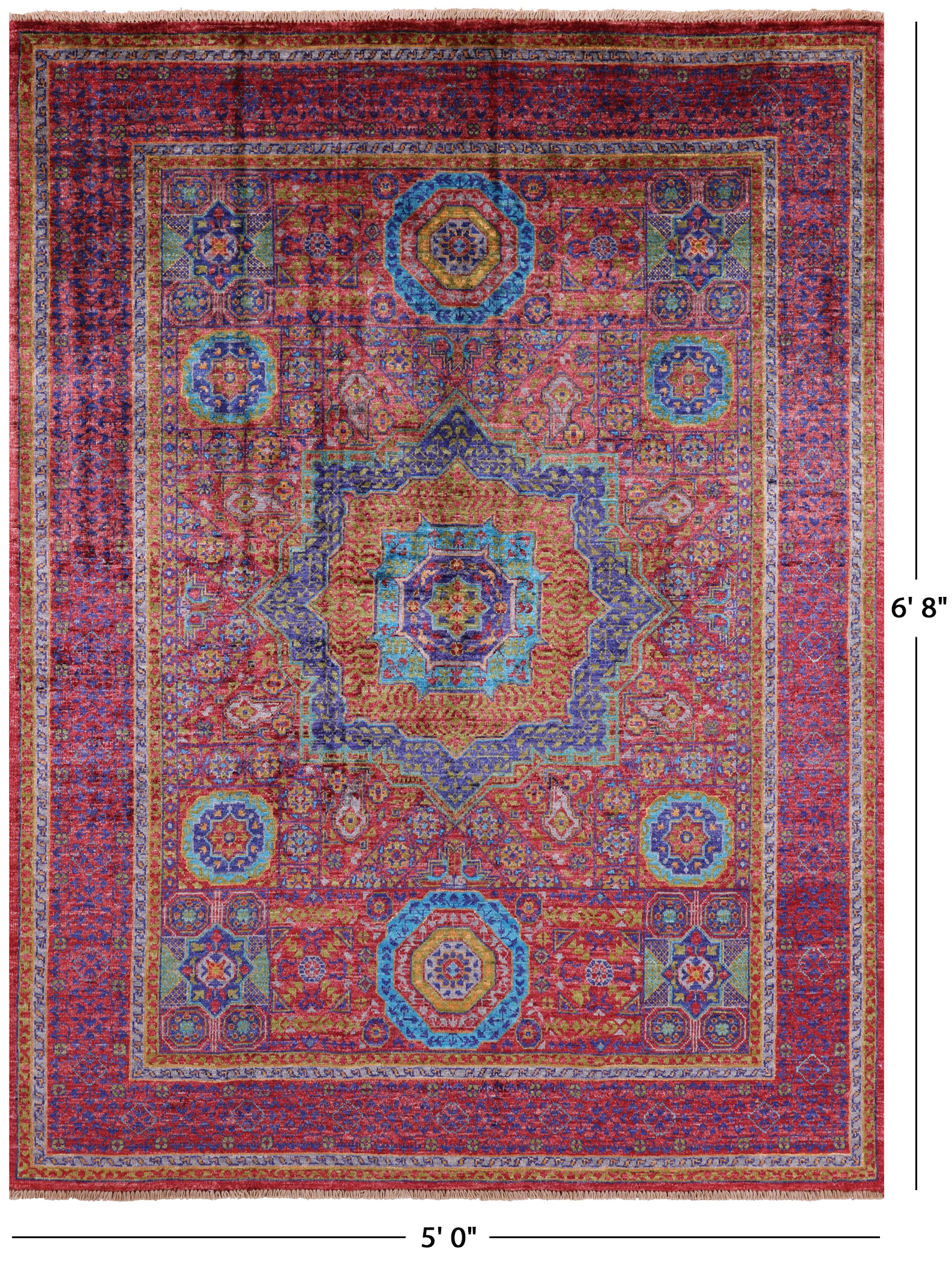 Red Geometric Persian Mamluk Hand Knotted Wool Rug - 5' 0" X 6' 8" - Golden Nile