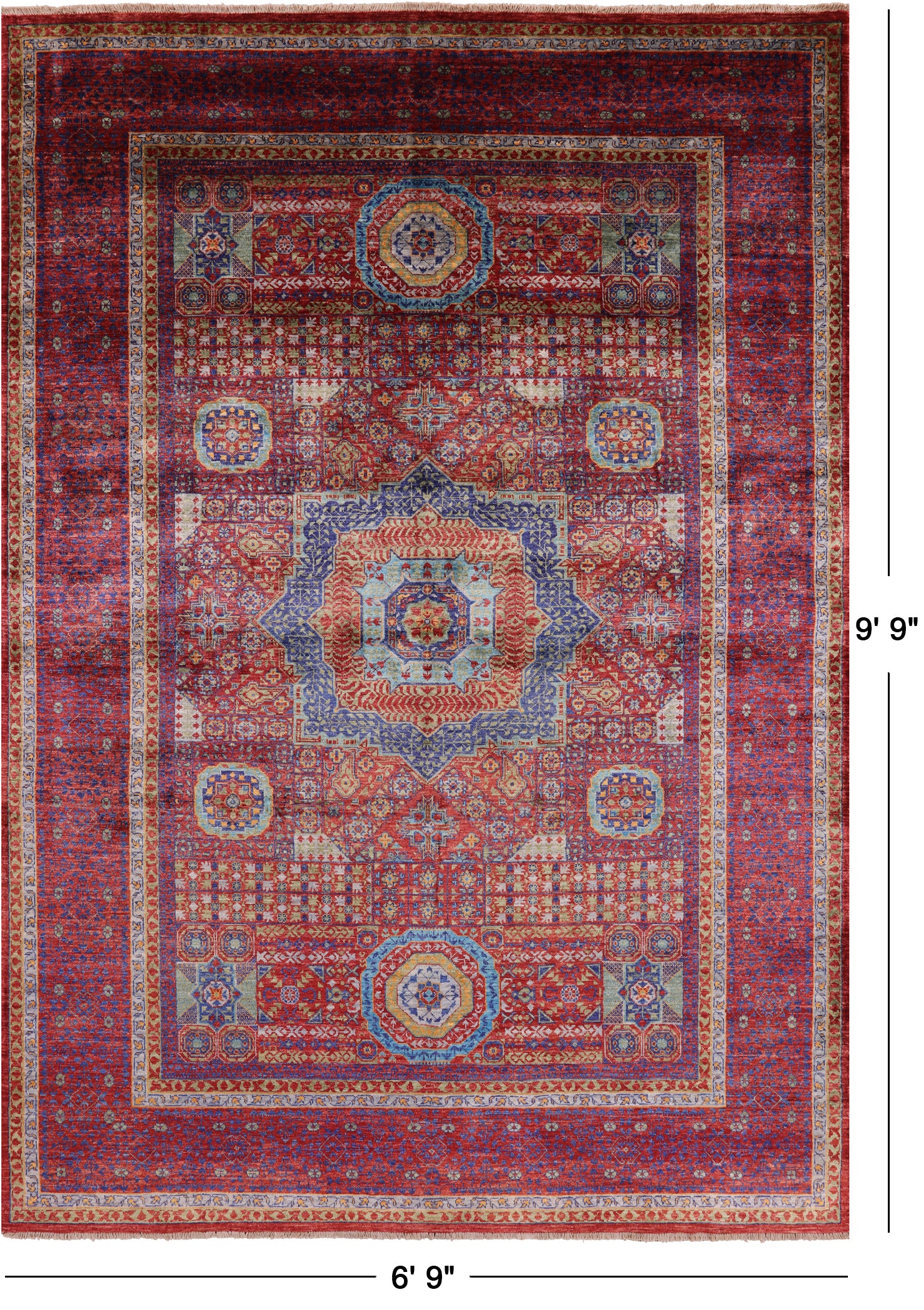 Red Geometric Persian Mamluk Handmade Wool Rug - 6' 9" X 9' 9" - Golden Nile