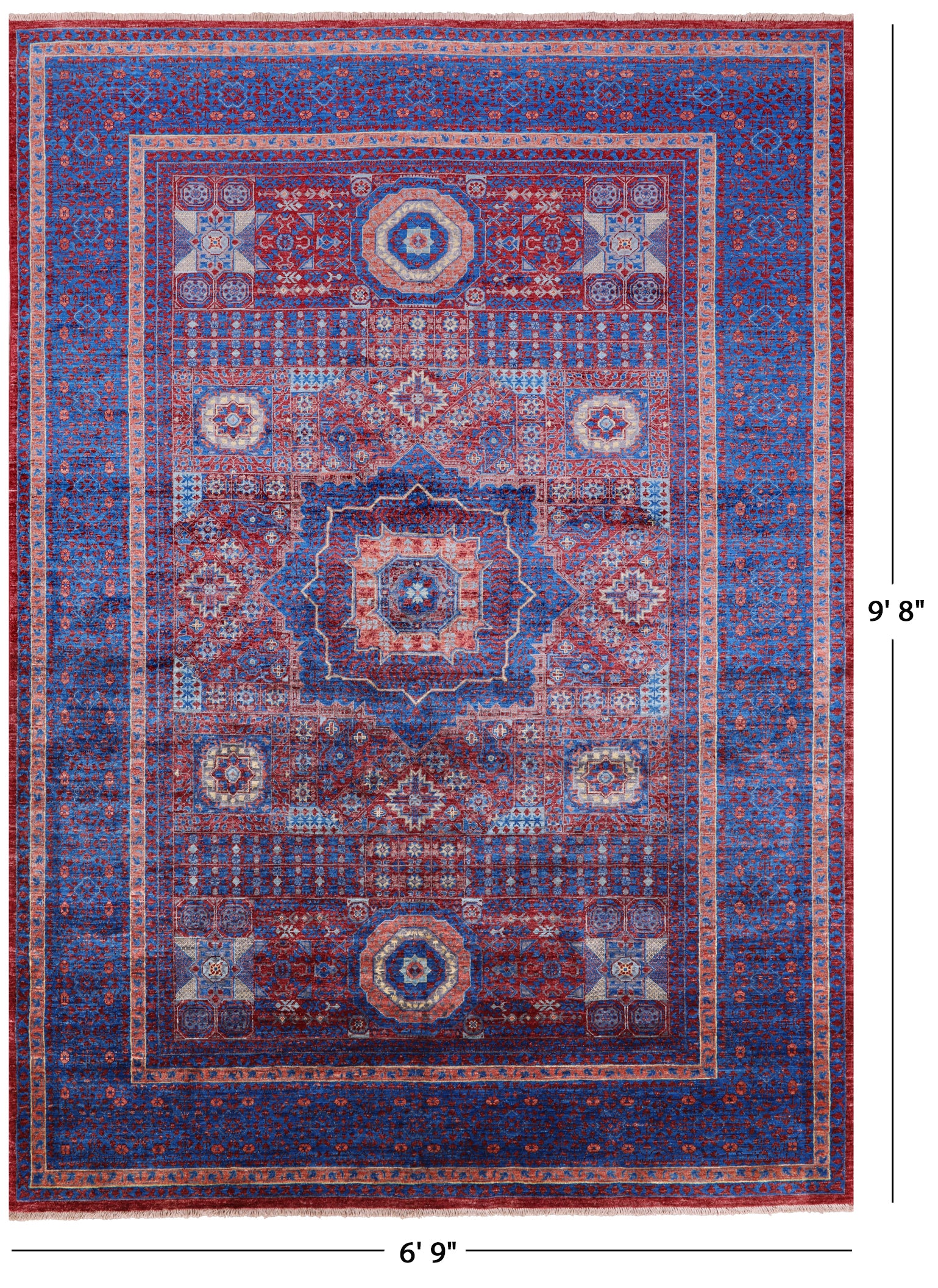 Red Geometric Persian Mamluk Hand Knotted Wool Rug - 6' 9" X 9' 8" - Golden Nile