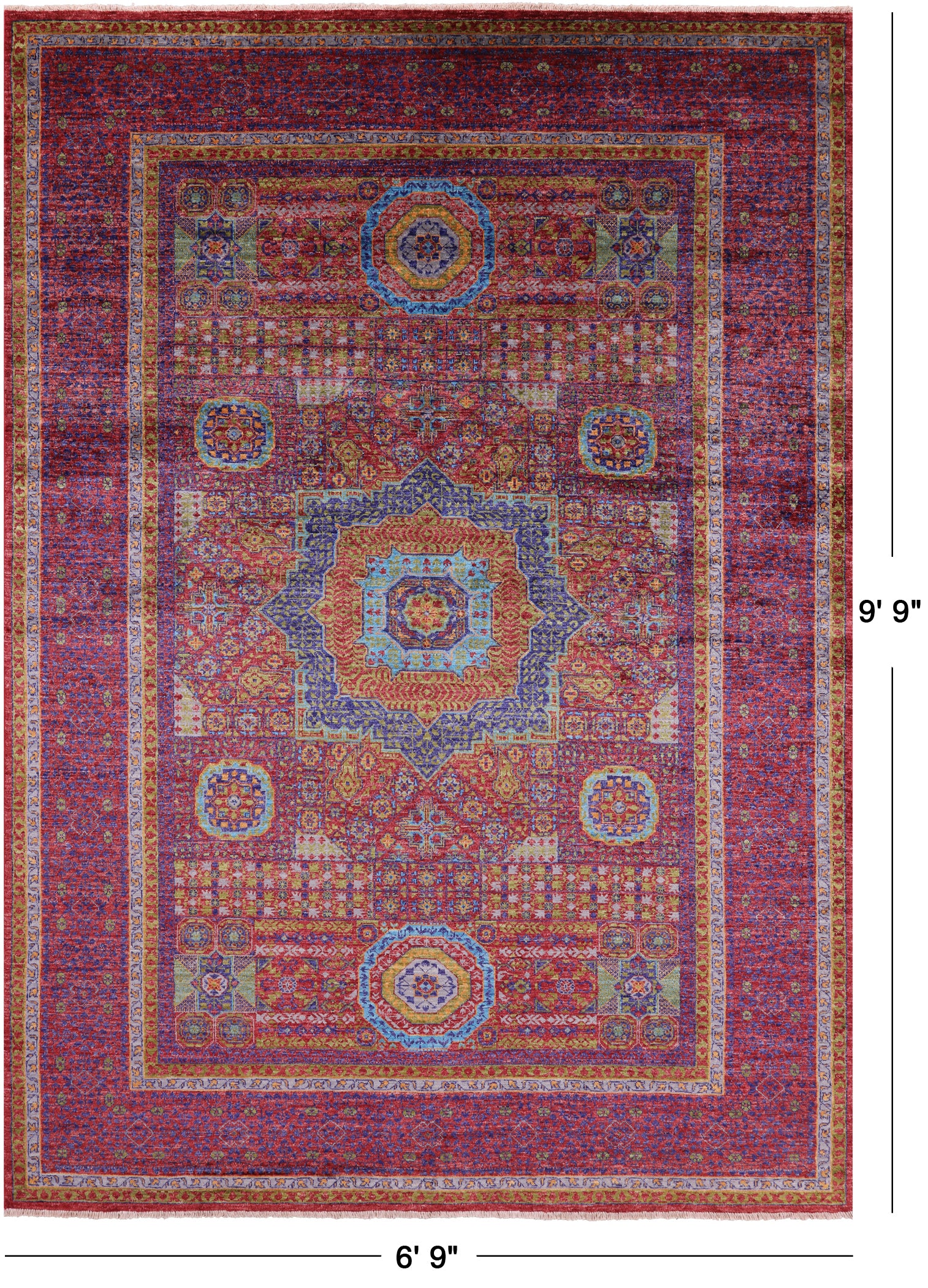 Red Geometric Persian Mamluk Hand Knotted Wool Rug - 6' 9" X 9' 9" - Golden Nile