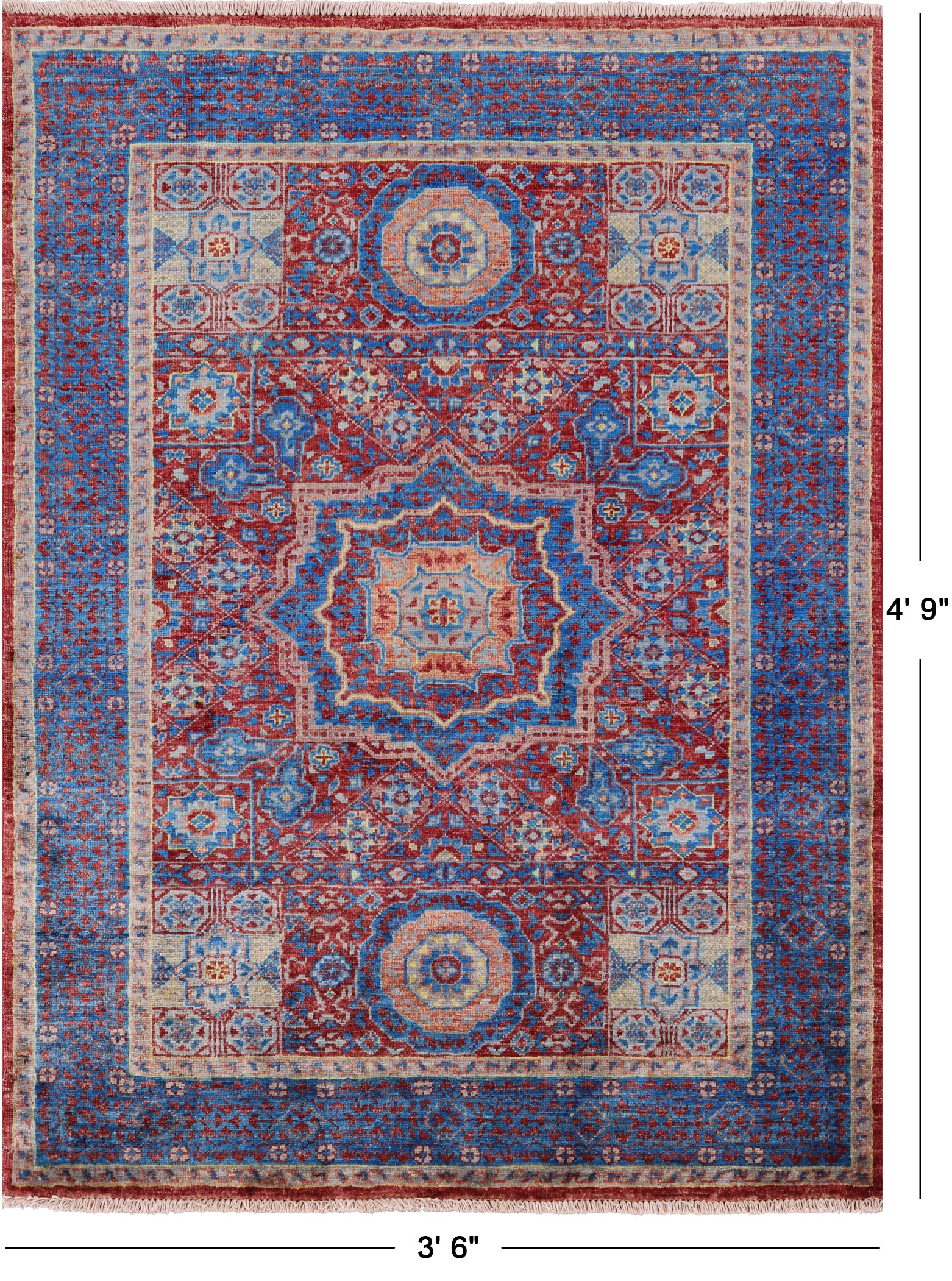 Red Geometric Persian Mamluk Hand Knotted Wool Rug - 3' 6" X 4' 9" - Golden Nile
