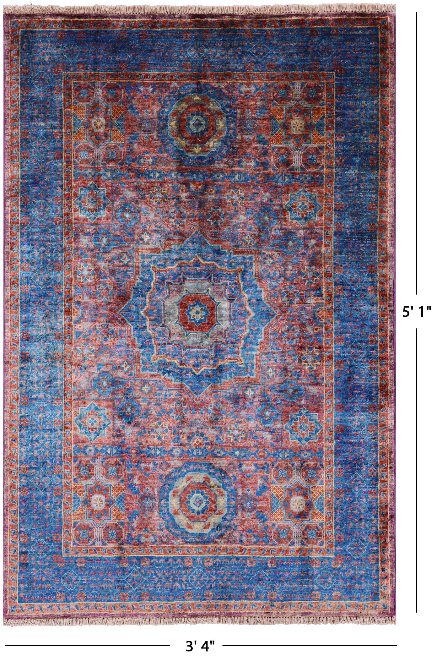 Purple Geometric Persian Mamluk Hand Knotted Wool Rug - 3' 4" X 5' 1" - Golden Nile