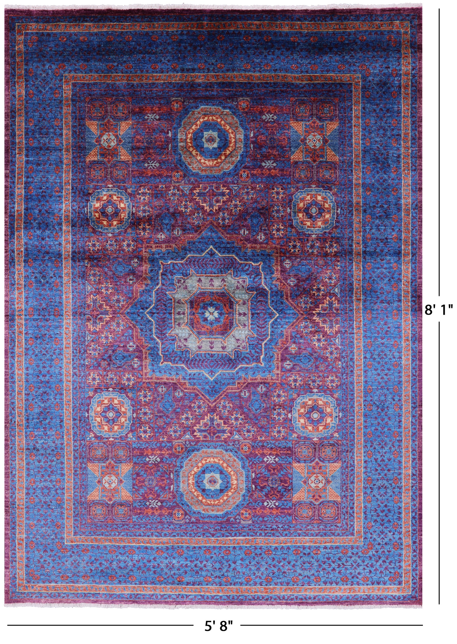 Purple Geometric Persian Mamluk Hand Knotted Wool Rug - 5' 8" X 8' 1" - Golden Nile