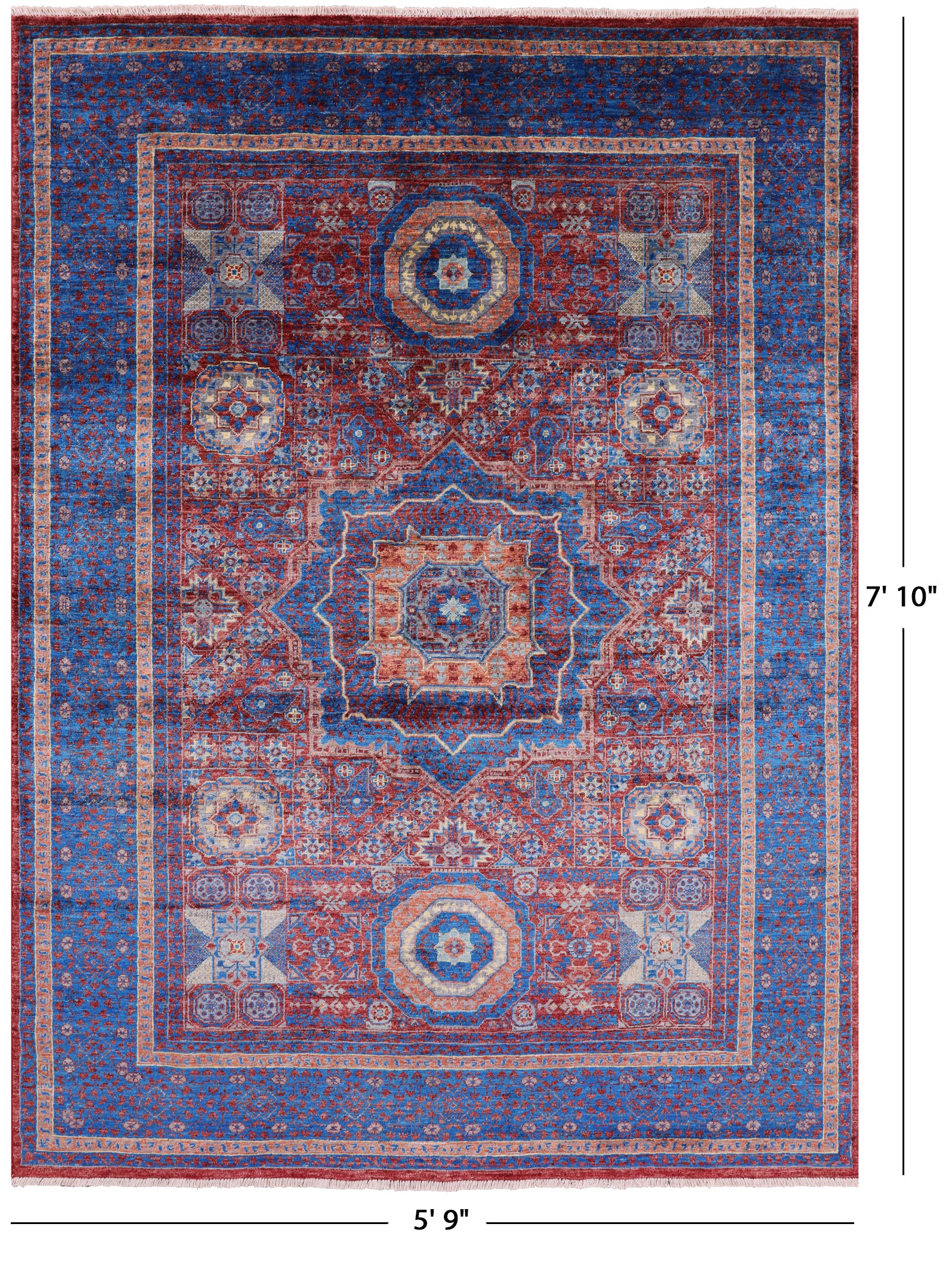 Red Geometric Persian Mamluk Hand Knotted Wool Rug - 5' 9" X 7' 10" - Golden Nile