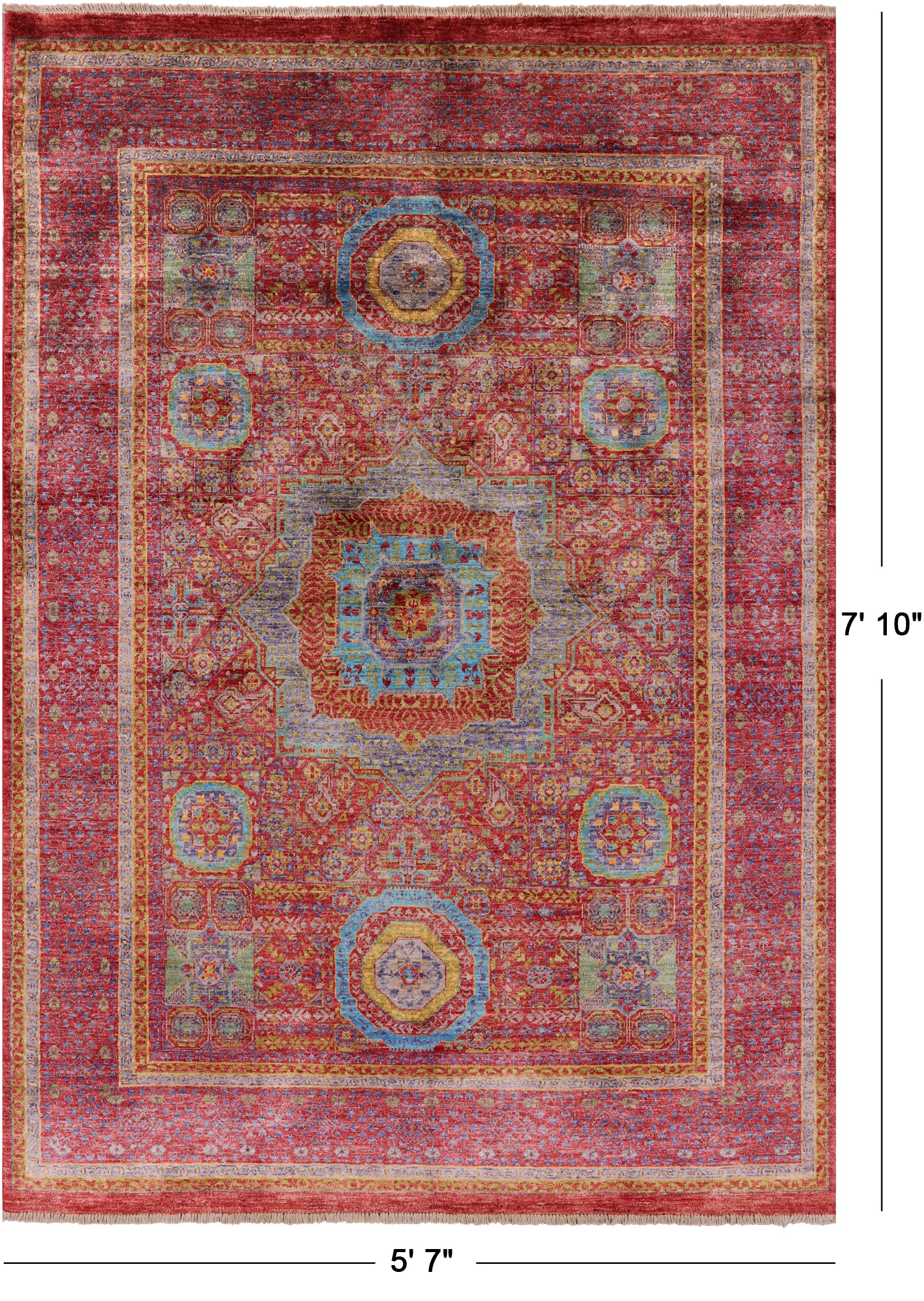 Red Geometric Persian Mamluk Handmade Wool Rug - 5' 7" X 7' 10" - Golden Nile