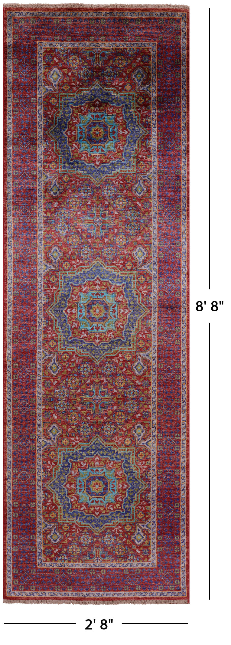 Red Geometric Persian Mamluk Hand Knotted Wool Runner Rug - 2' 8" X 8' 8" - Golden Nile