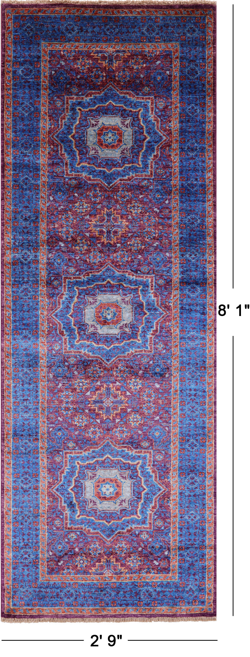 Purple Geometric Persian Mamluk Handmade Wool Runner Rug - 2' 9" X 8' 1" - Golden Nile