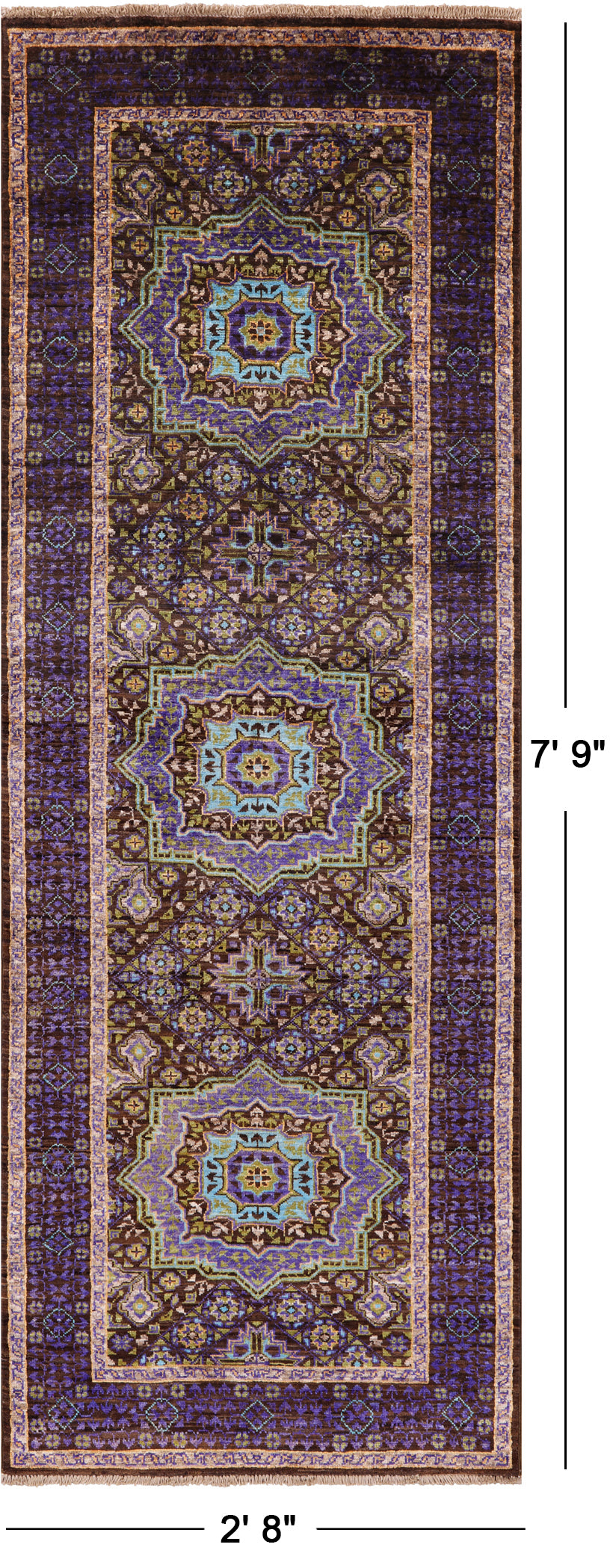 Brown Geometric Persian Mamluk Hand Knotted Wool Runner Rug - 2' 8" X 7' 9" - Golden Nile