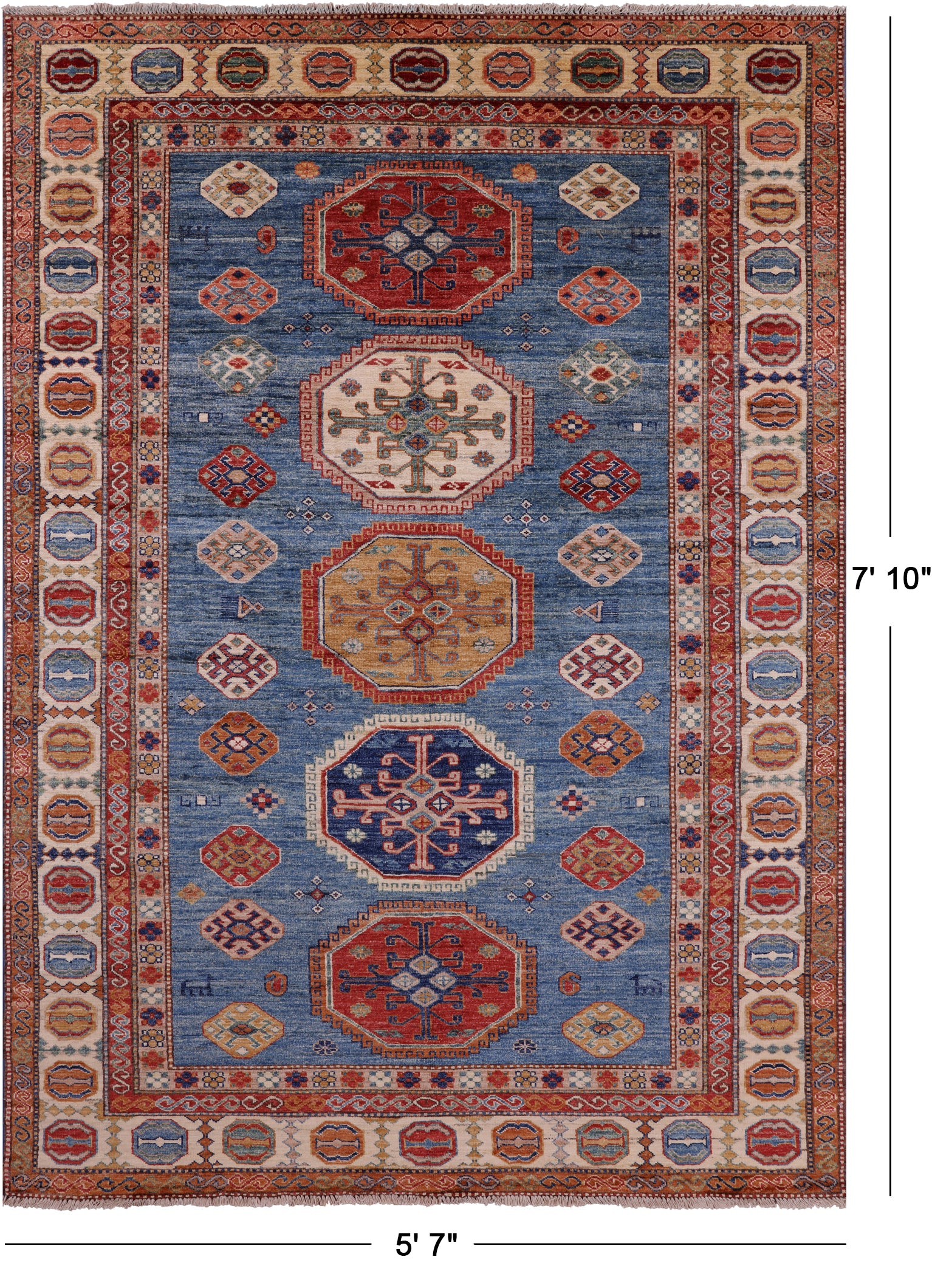 Blue Super Kazak Hand Knotted Wool Rug - 5' 7" X 7' 10" - Golden Nile
