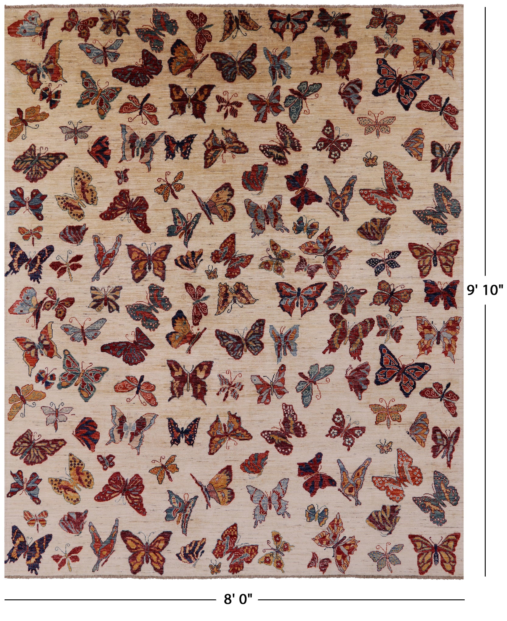 Ivory Butterflies Design Persian Gabbeh Hand Knotted Wool Rug - 8' 0" X 9' 10" - Golden Nile