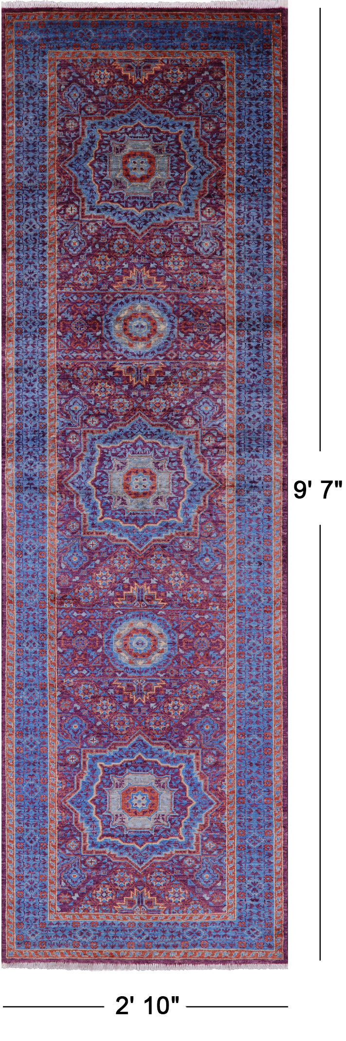 Purple Geometric Persian Mamluk Hand Knotted Wool Runner Rug - 2' 10" X 9' 7" - Golden Nile