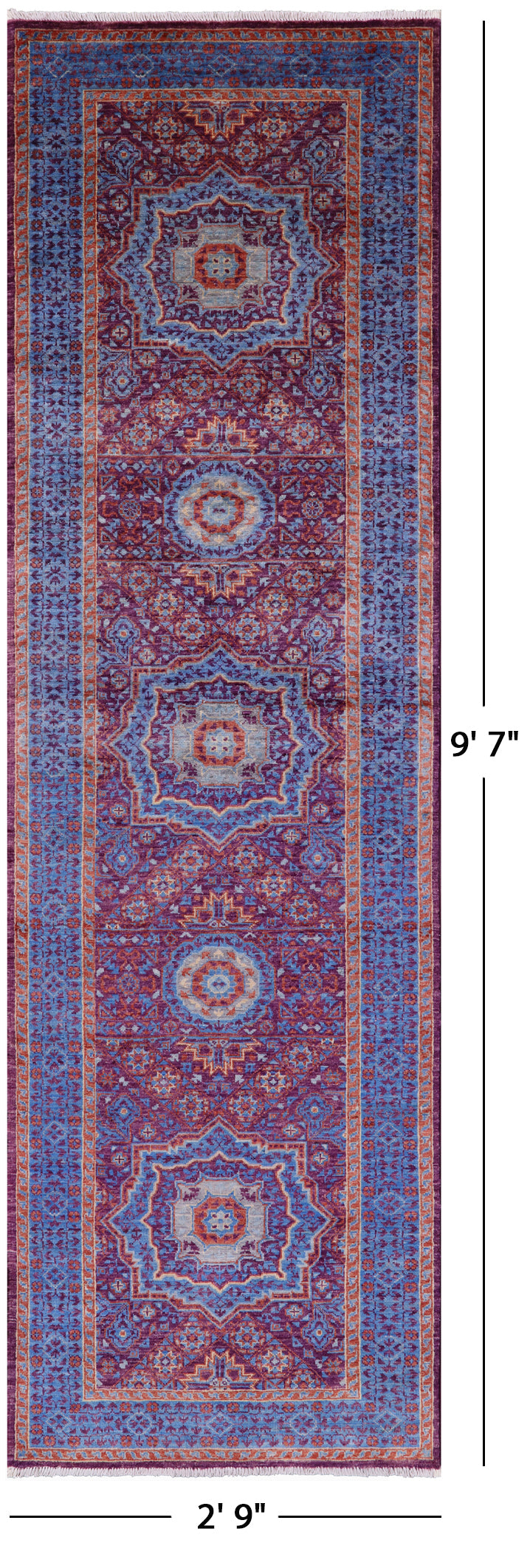 Purple Geometric Persian Mamluk Hand Knotted Wool Runner Rug - 2' 9" X 9' 7" - Golden Nile
