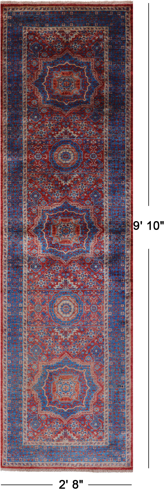 Red Geometric Persian Mamluk Hand Knotted Wool Runner Rug - 2' 8" X 9' 10" - Golden Nile