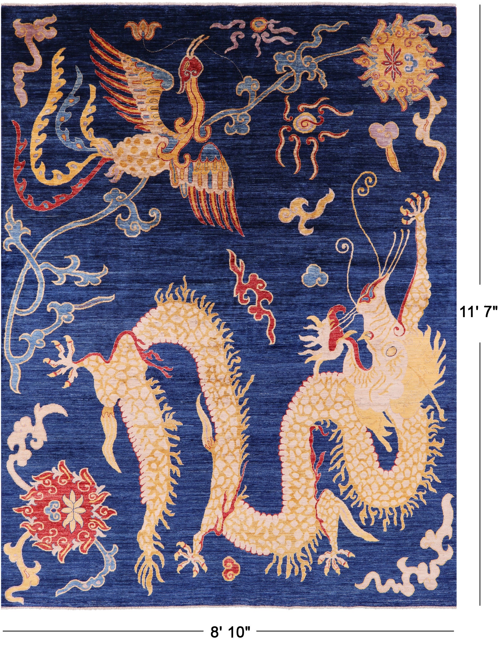 Blue Dragon And Phoenix Design Hand Knotted Wool Rug - 8' 10" X 11' 7" - Golden Nile