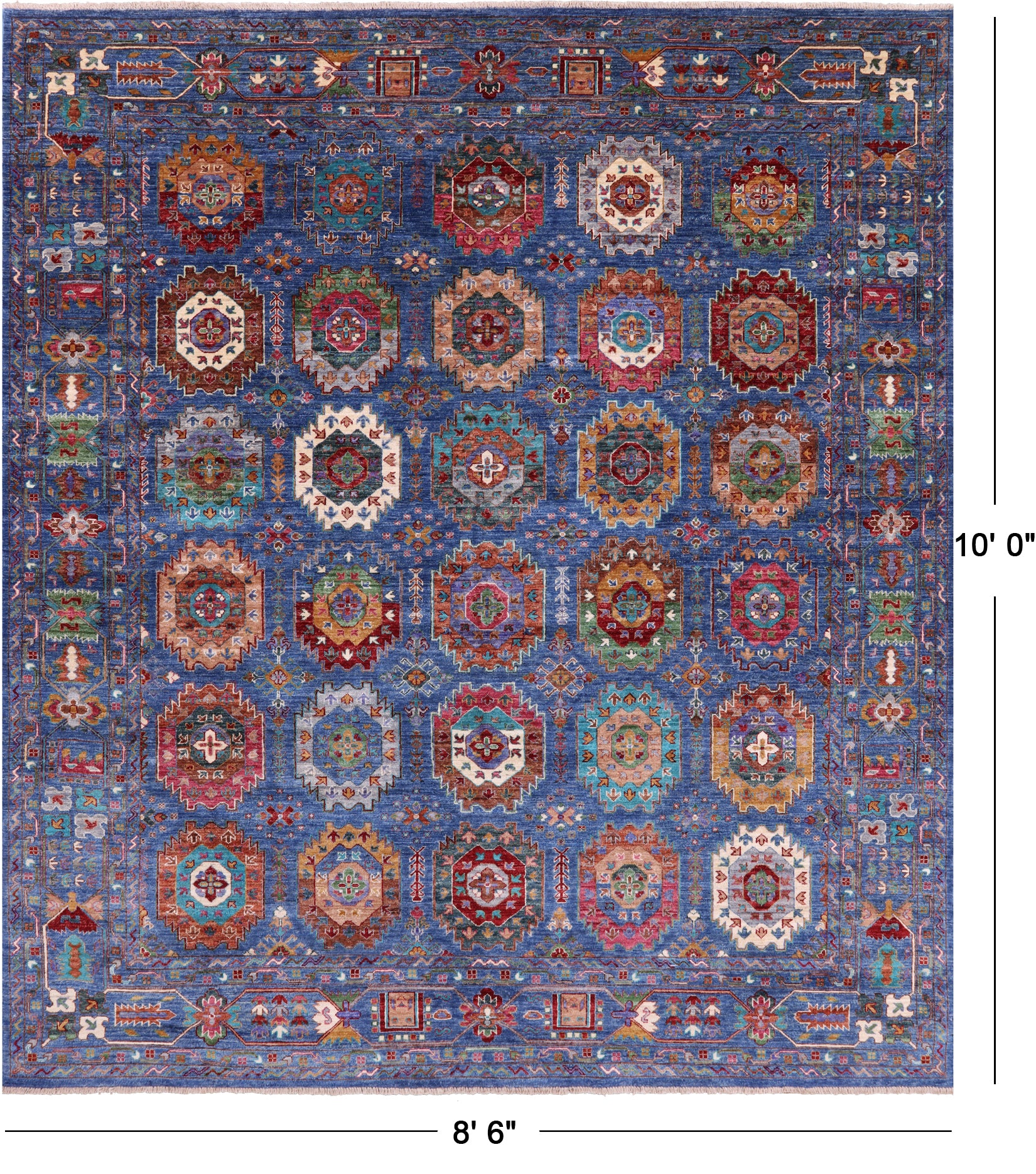 Blue Turkmen Ersari Handmade Wool Rug - 8' 6" X 10' 0" - Golden Nile
