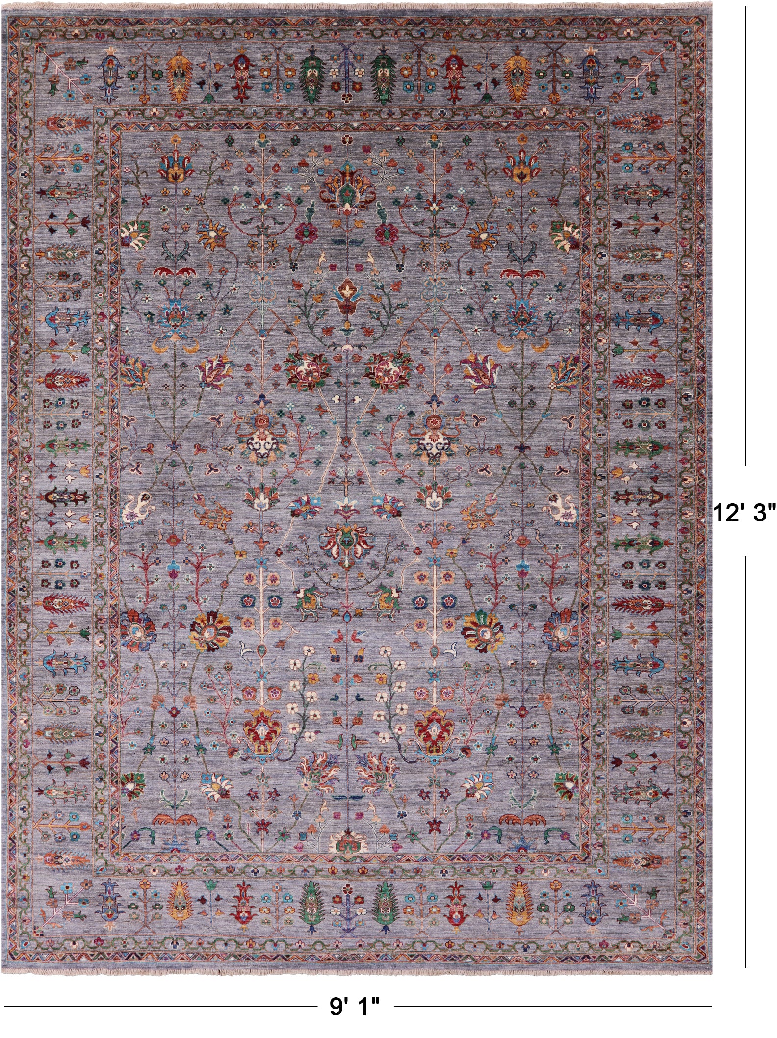 Grey Peshawar Hand Knotted Wool Rug - 9' 1" X 12' 3" - Golden Nile