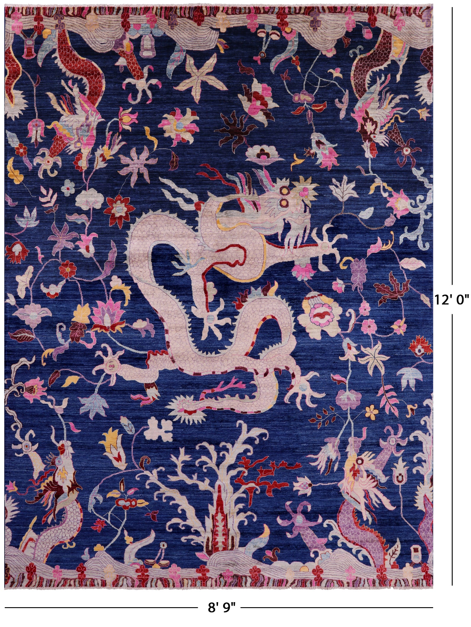 Blue Dragon And Phoenix Design Hand Knotted Wool Rug - 8' 9" X 12' 0" - Golden Nile
