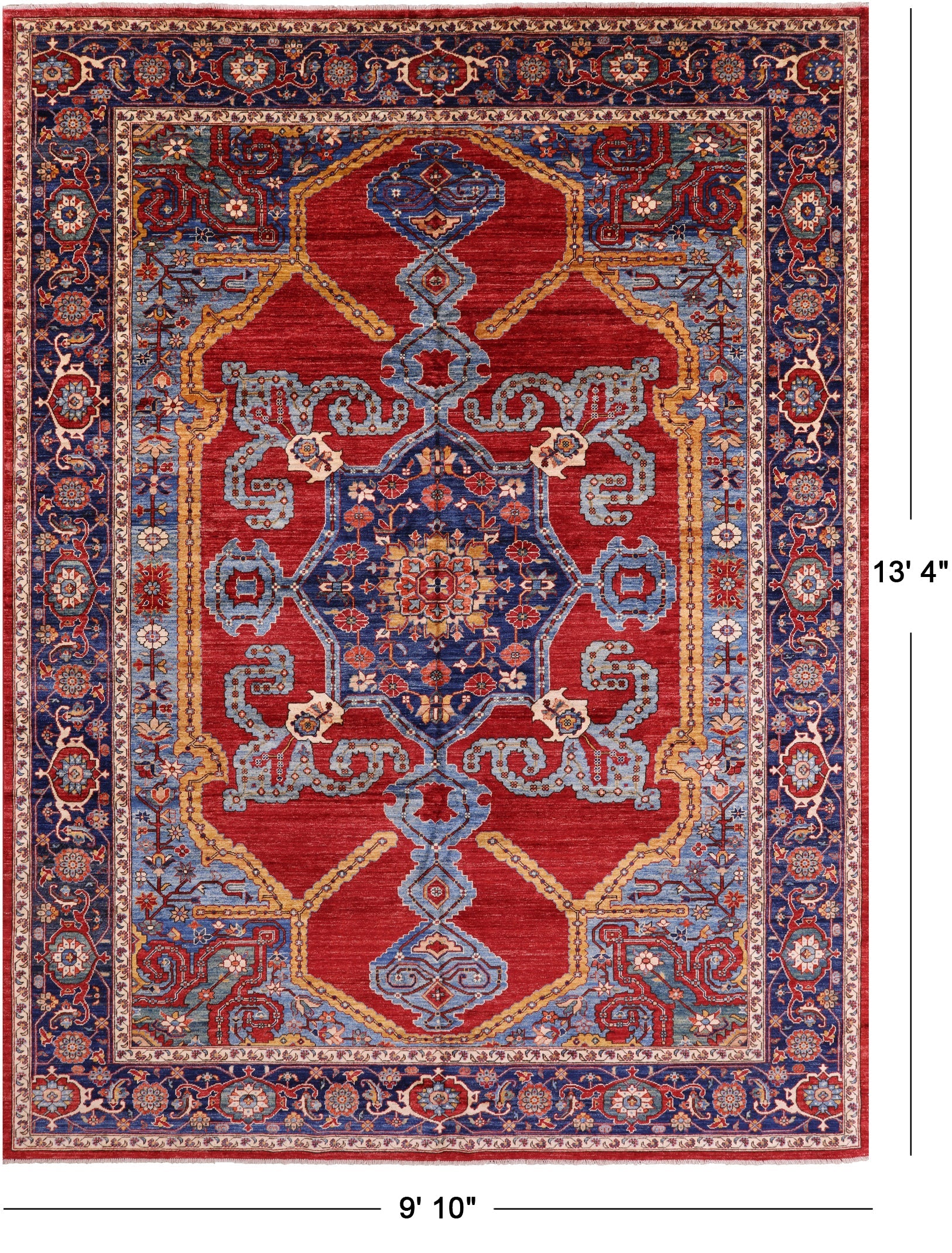 Red Persian Fine Serapi Hand Knotted Wool Rug - 9' 10" X 13' 4" - Golden Nile