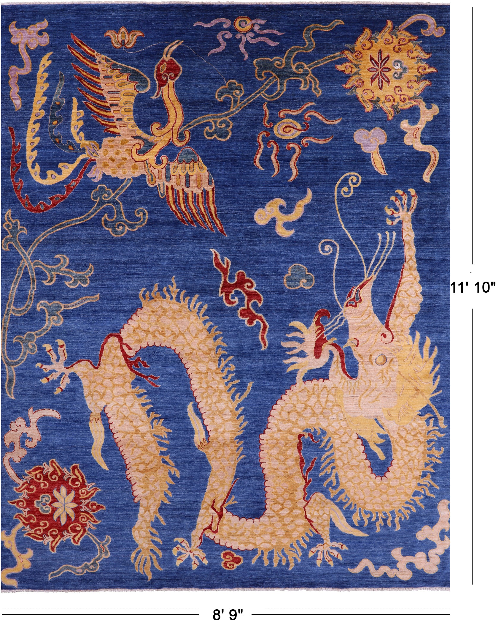 Blue Dragon And Phoenix Design Handmade Wool Rug - 8' 9" X 11' 10" - Golden Nile