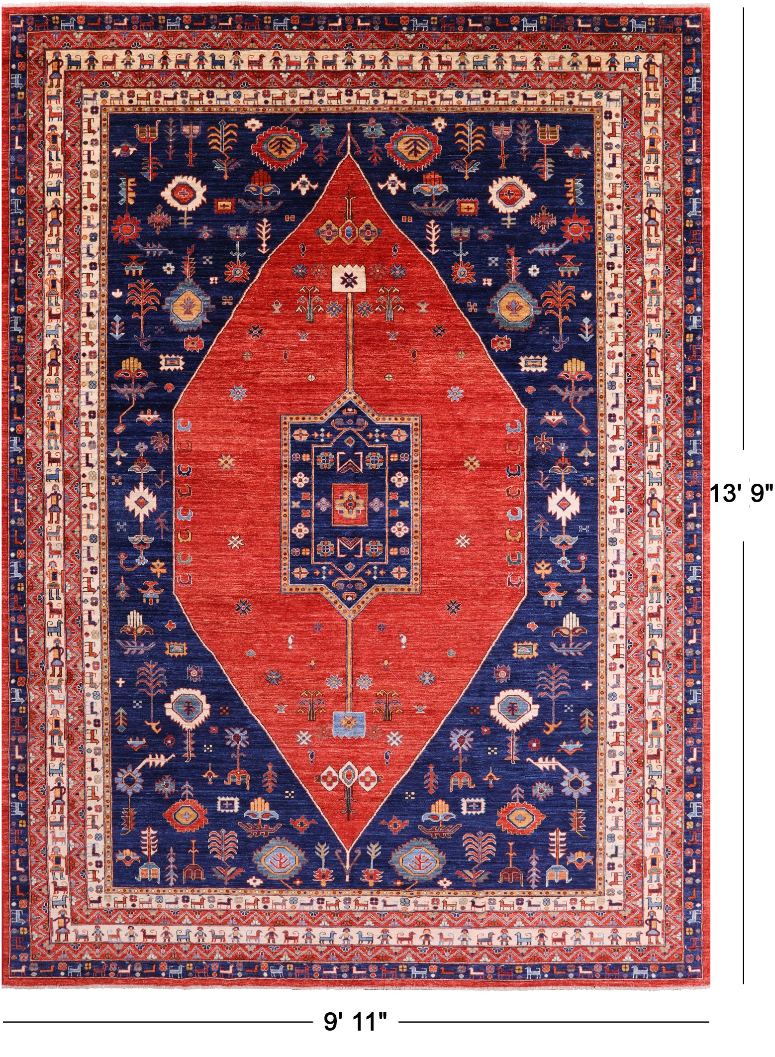 Red Persian Fine Serapi Hand Knotted Wool Rug - 9' 11" X 13' 9" - Golden Nile