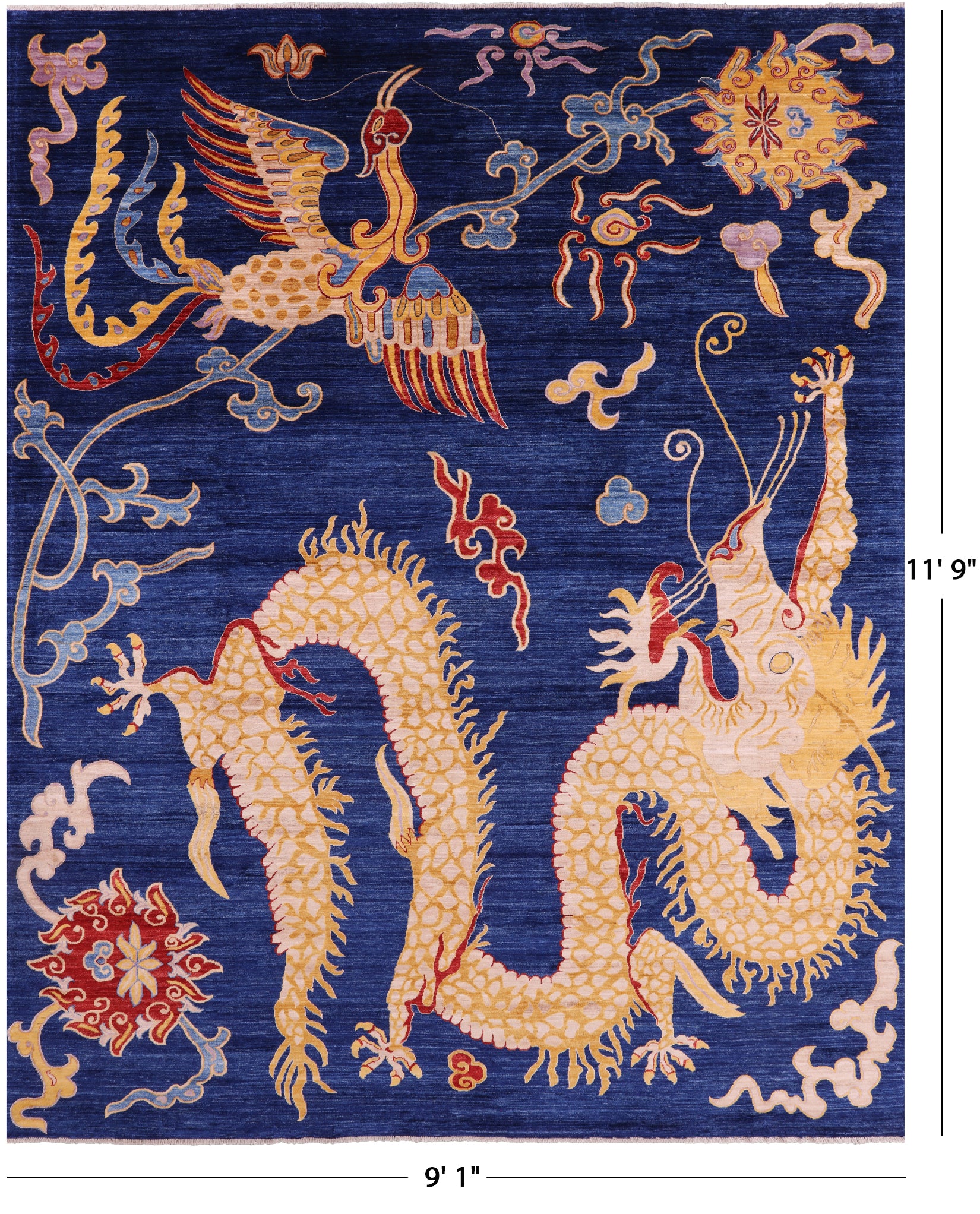 Blue Dragon And Phoenix Design Hand Knotted Wool Rug - 9' 1" X 11' 9" - Golden Nile