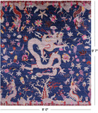 Blue Dragon And Phoenix Design Hand Knotted Wool Rug - 8' 0" X 9' 7" - Golden Nile