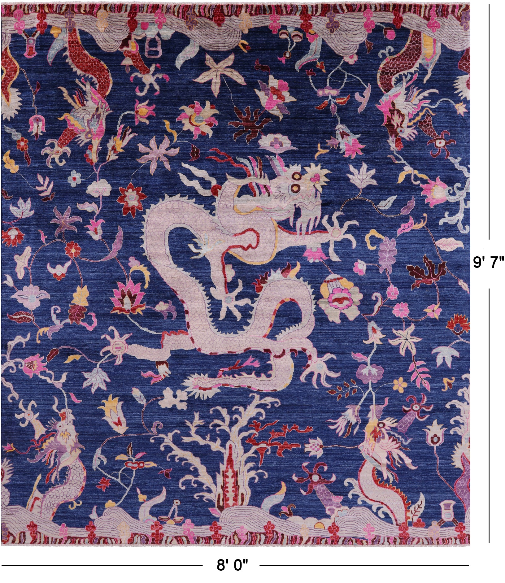 Blue Dragon And Phoenix Design Hand Knotted Wool Rug - 8' 0" X 9' 7" - Golden Nile