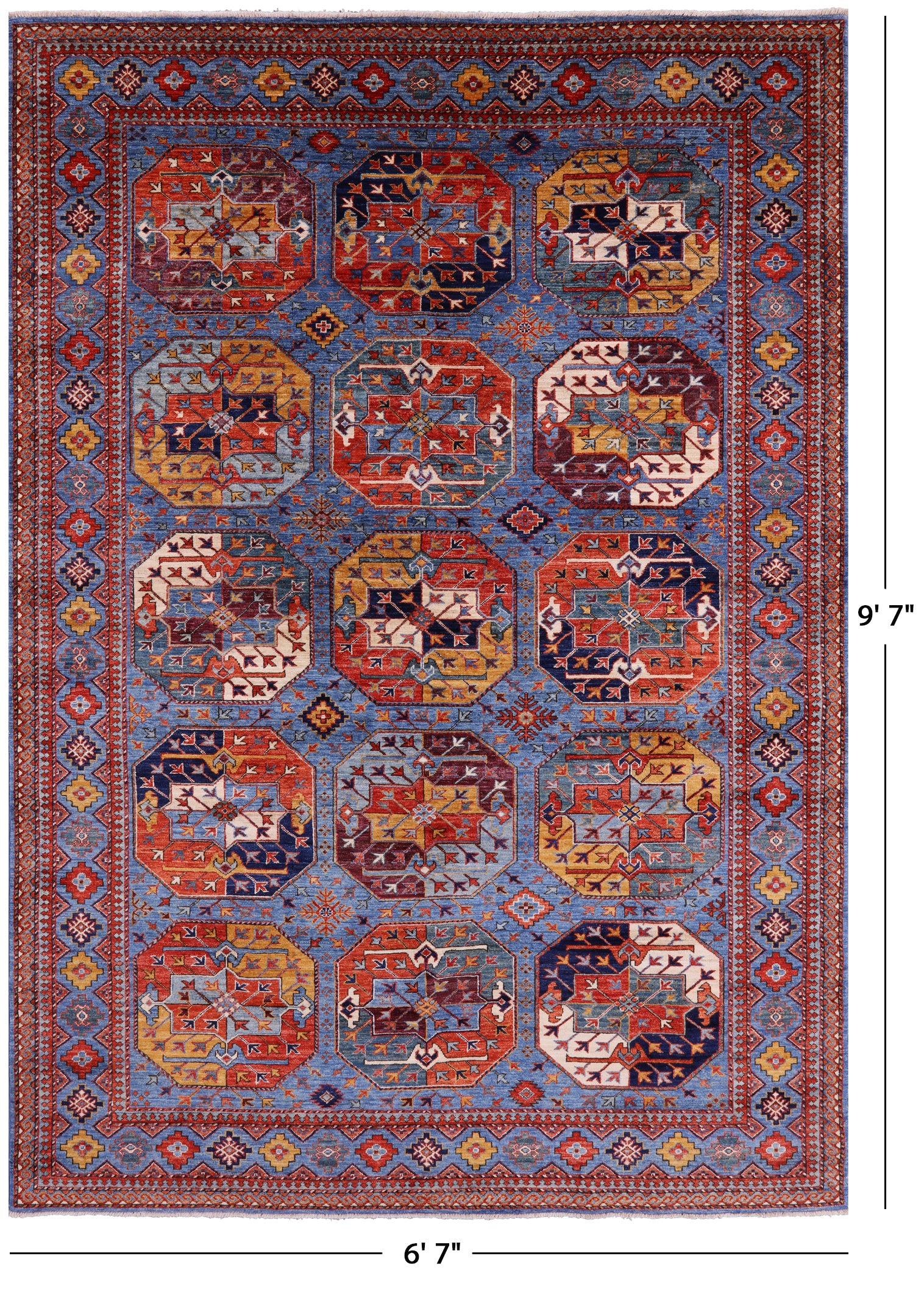 Blue Turkmen Ersari Hand Knotted Wool Rug - 6' 7" X 9' 7" - Golden Nile
