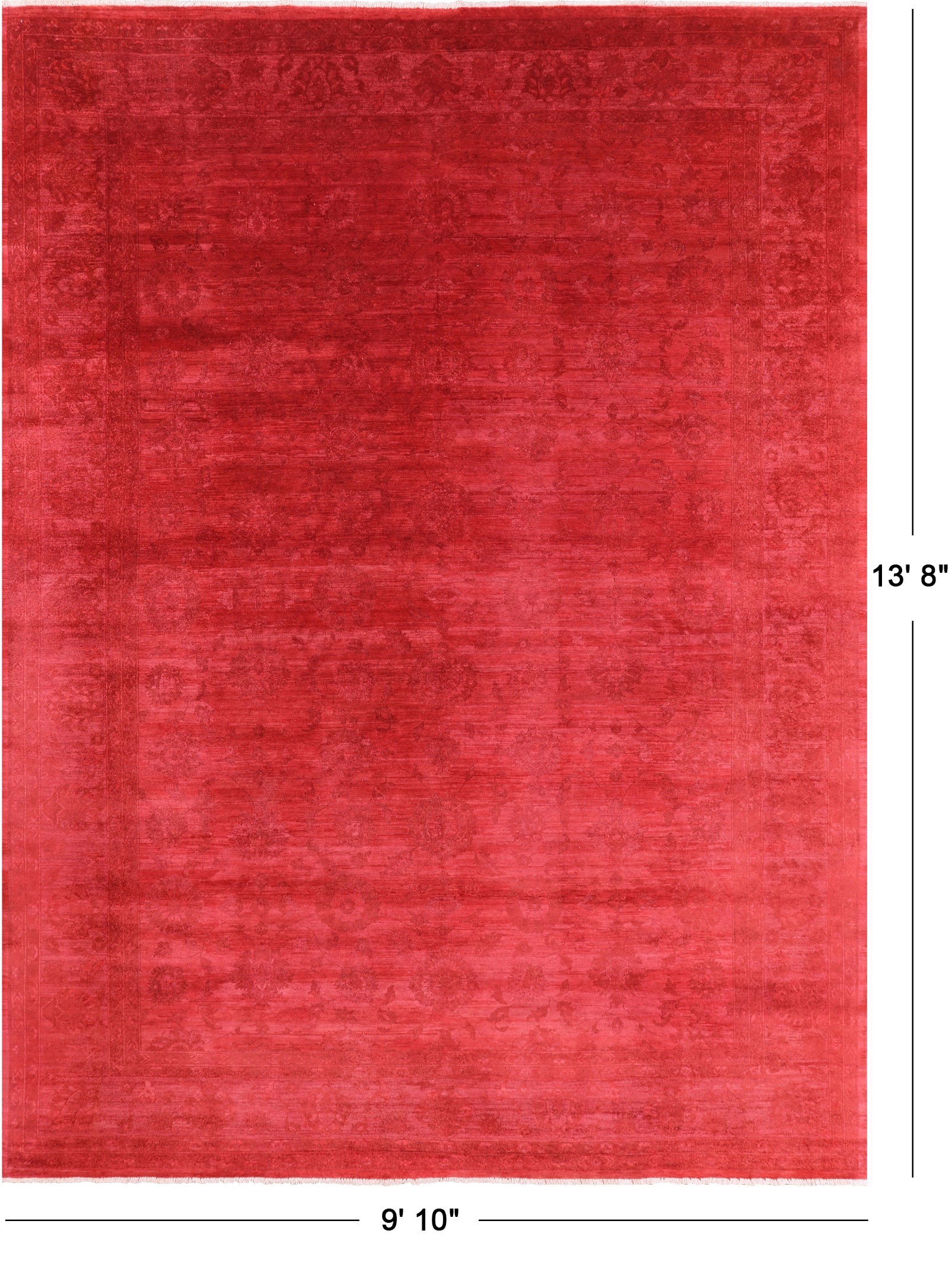 Red Full Pile Overdyed Hand Knotted Wool Rug - 9' 10" X 13' 8" - Golden Nile