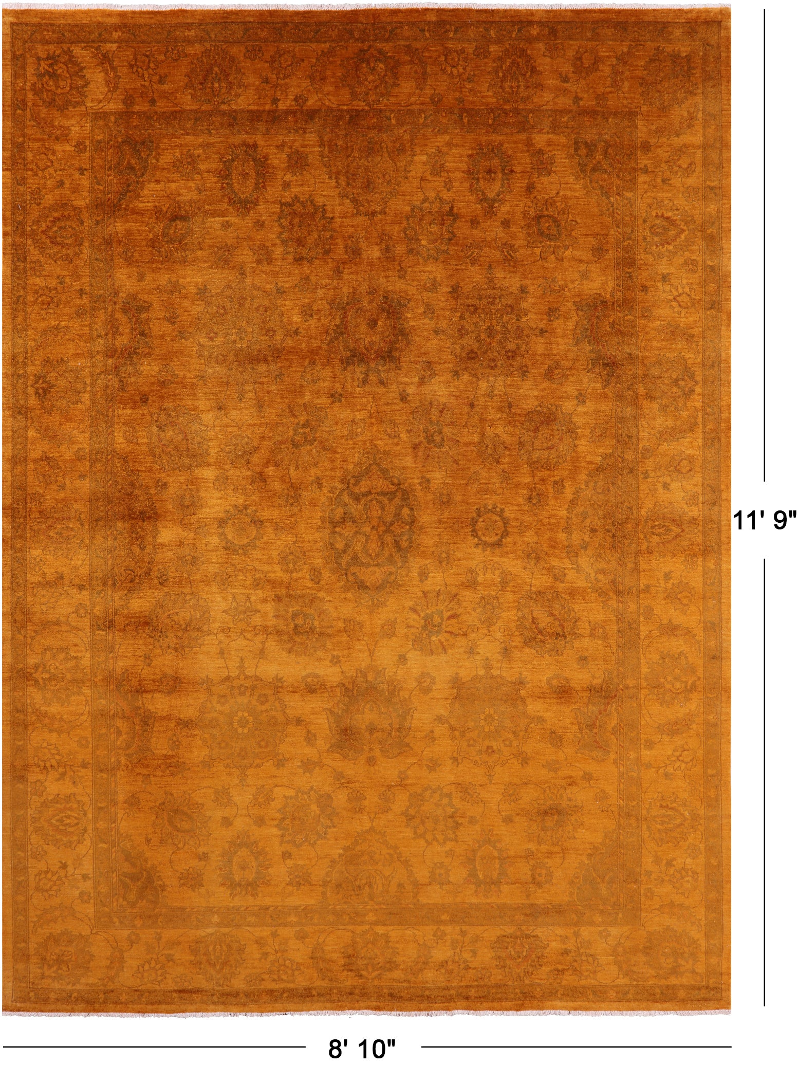 Orange Full Pile Overdyed Hand Knotted Wool Rug - 8' 10" X 11' 9" - Golden Nile