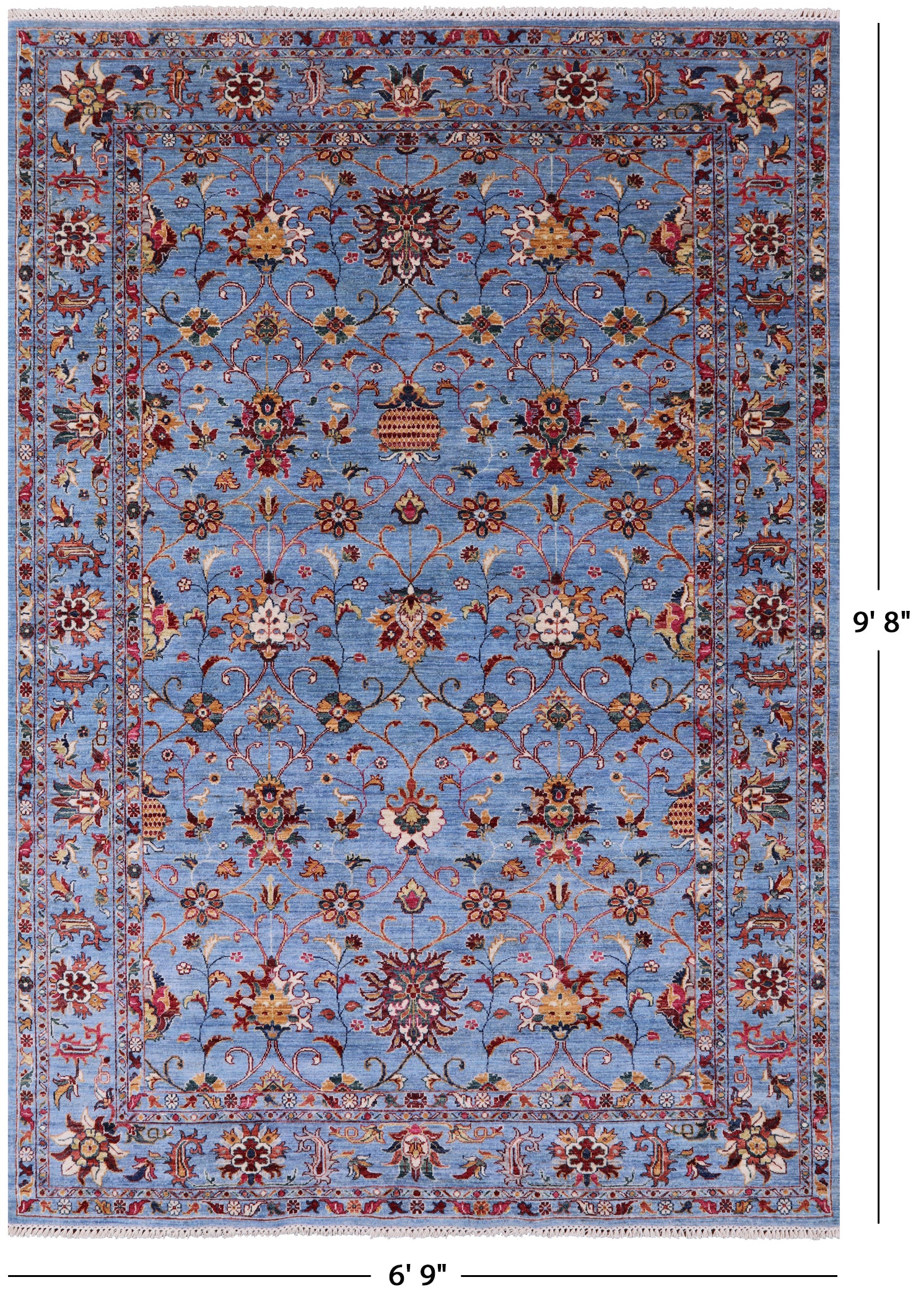 Blue Peshawar Hand Knotted Wool Rug - 6' 9" X 9' 8" - Golden Nile