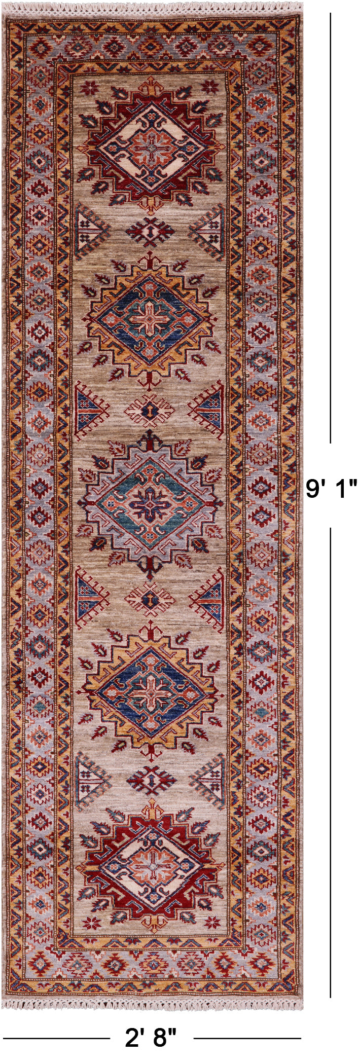 Super Kazak Hand Knotted Wool Runner Rug - 2' 8" X 9' 1" - Golden Nile
