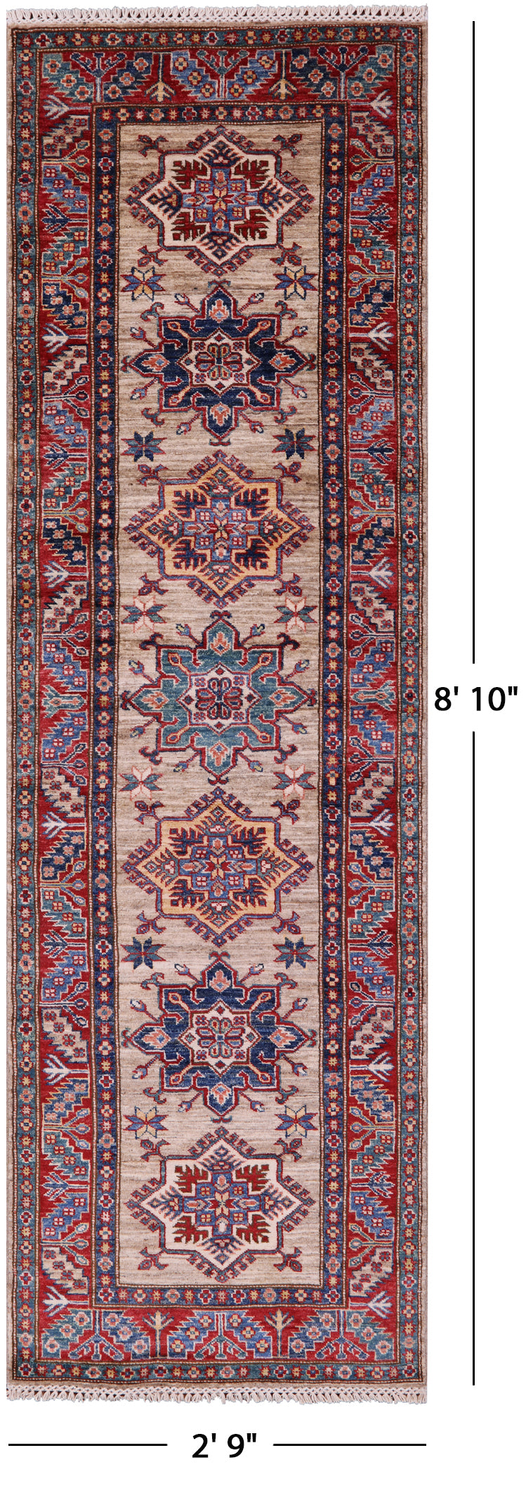 Super Kazak Hand Knotted Wool Runner Rug - 2' 9" X 8' 10" - Golden Nile