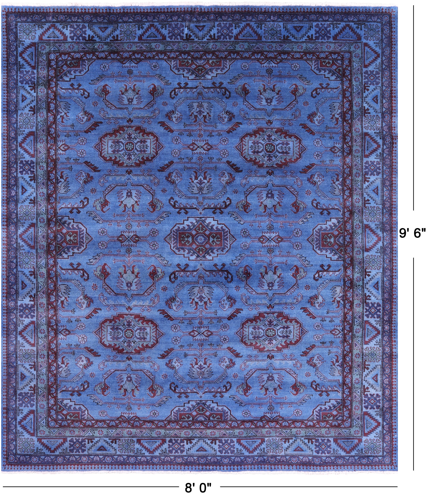 Blue Super Kazak Full Pile Overdyed Handmade Wool Rug - 8' 0" X 9' 6" - Golden Nile