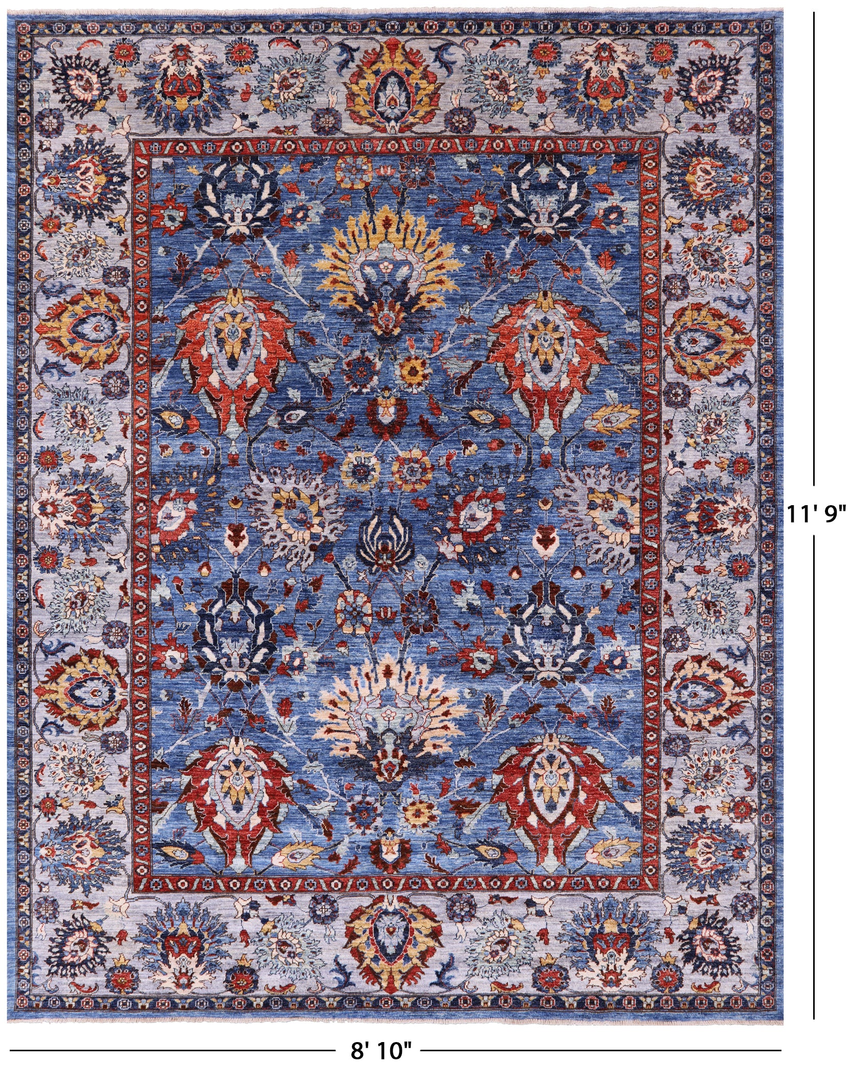 Blue Persian Fine Serapi Hand Knotted Wool Rug - 8' 10" X 11' 9" - Golden Nile