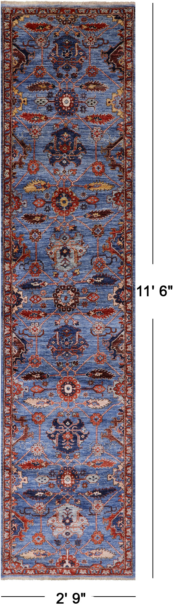 Blue Persian Fine Serapi Hand Knotted Wool Runner Rug - 2' 9" X 11' 6" - Golden Nile