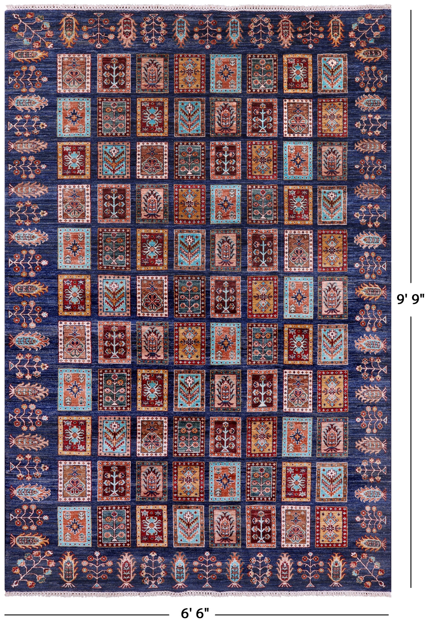 Blue Garden Design Persian Handmade Wool Rug - 6' 6" X 9' 9" - Golden Nile