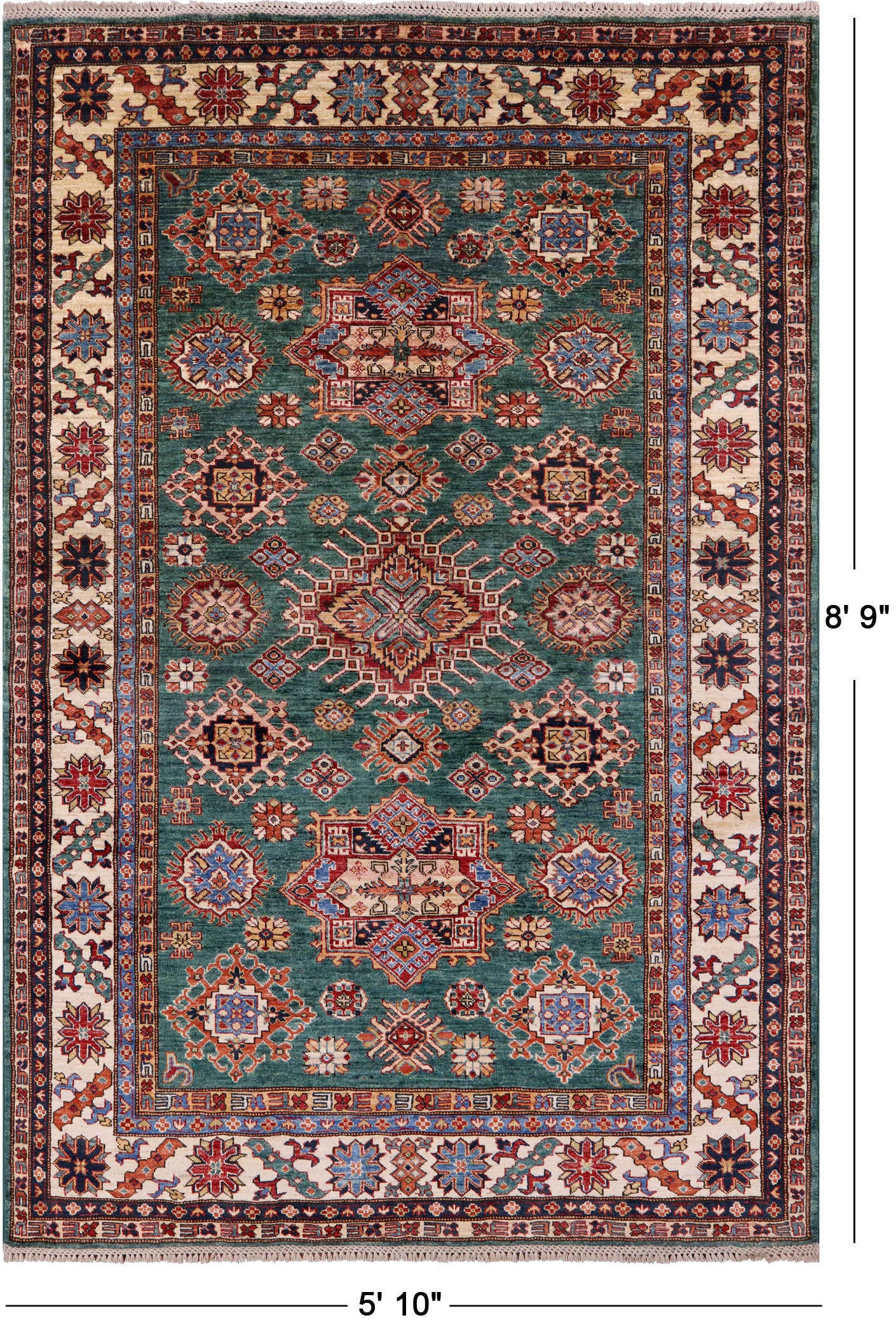 Green Super Kazak Hand Knotted Wool Rug - 5' 10" X 8' 9" - Golden Nile