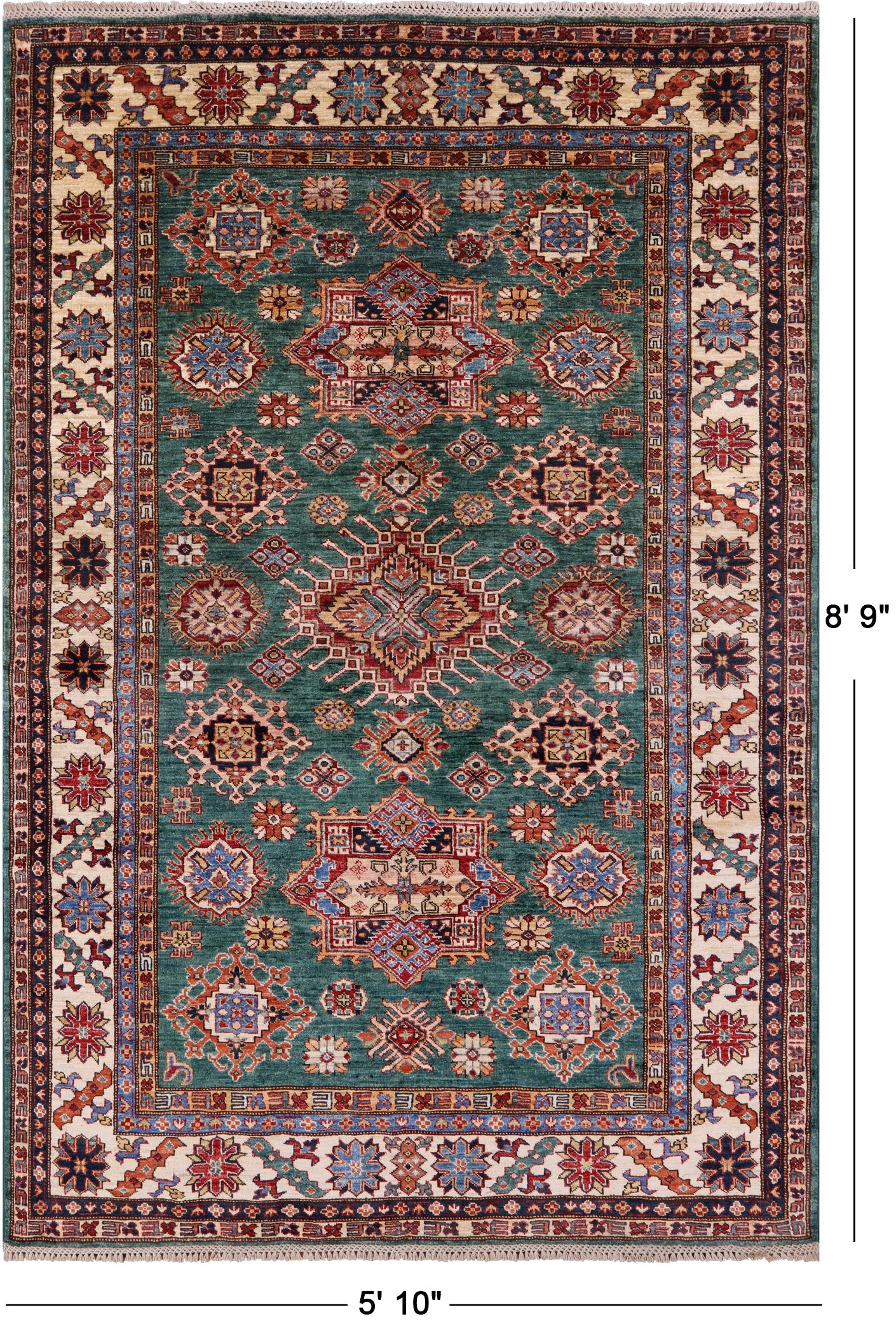 Green Super Kazak Hand Knotted Wool Rug - 5' 10" X 8' 9" - Golden Nile