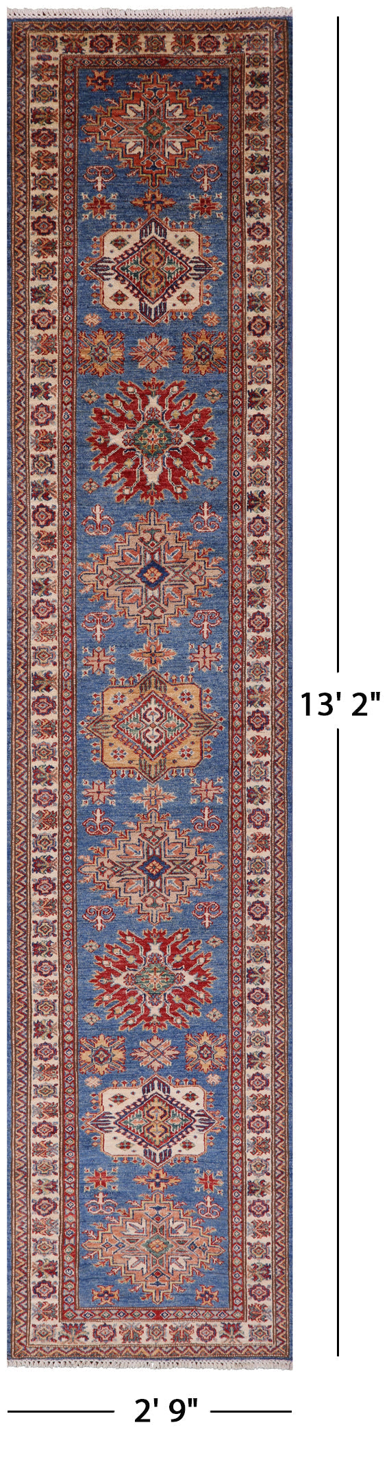 Blue Super Kazak Hand Knotted Wool Runner Rug - 2' 9" X 13' 2" - Golden Nile
