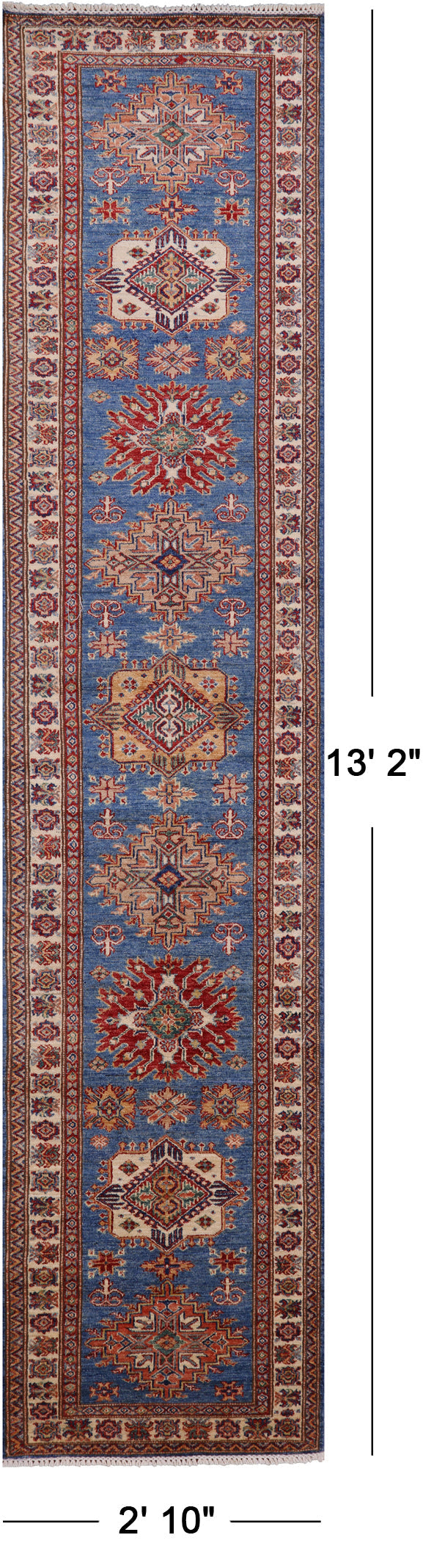 Blue Super Kazak Hand Knotted Wool Runner Rug - 2' 10" X 13' 2" - Golden Nile