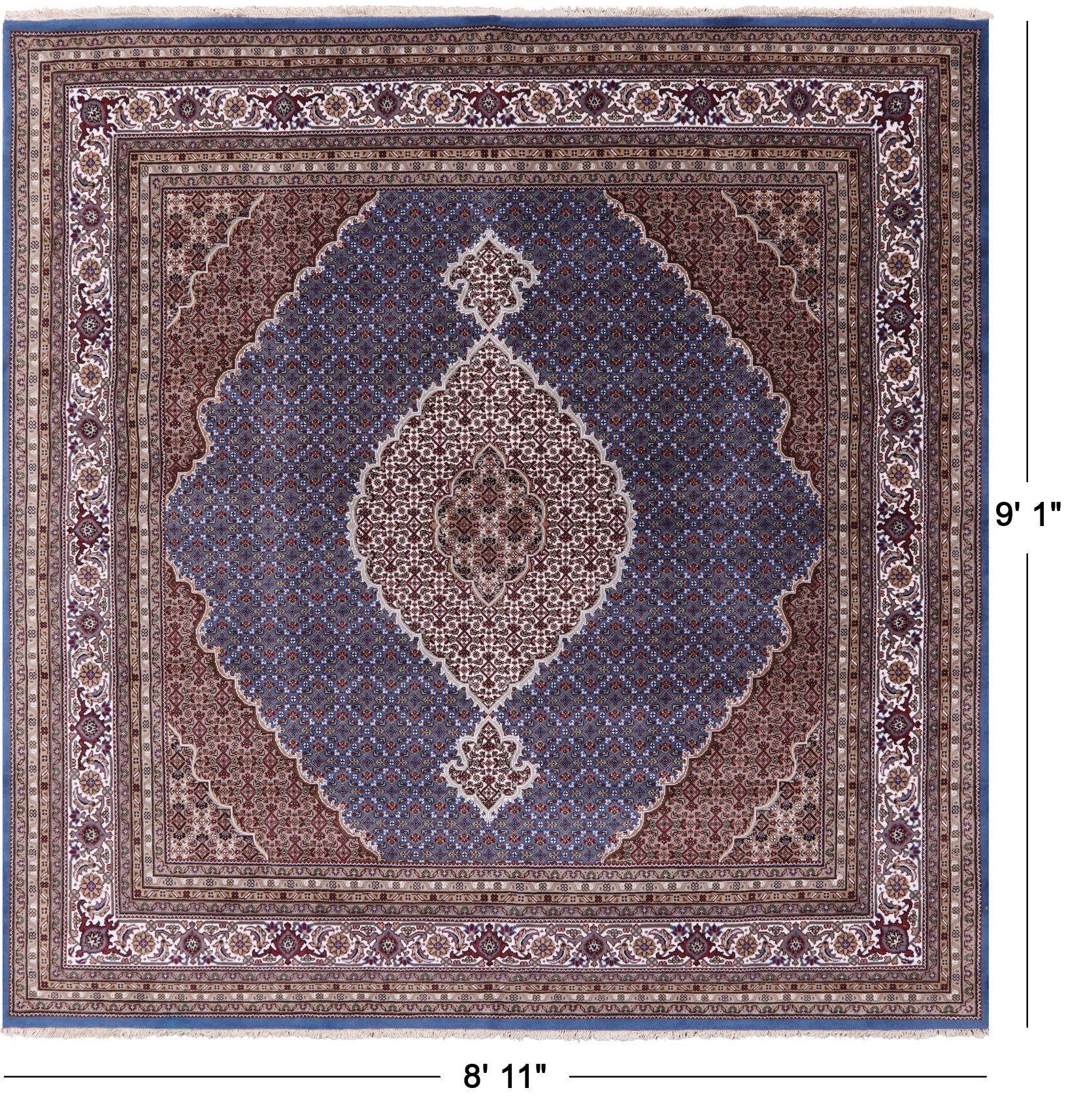 Blue Square Bijar Handmade Wool & Silk Rug - 8' 11" X 9' 1" - Golden Nile