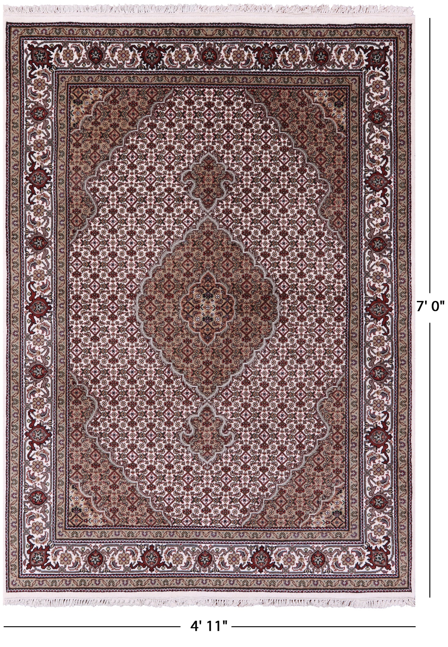 Ivory Bijar Hand Knotted Wool & Silk Rug - 4' 11" X 7' 0" - Golden Nile