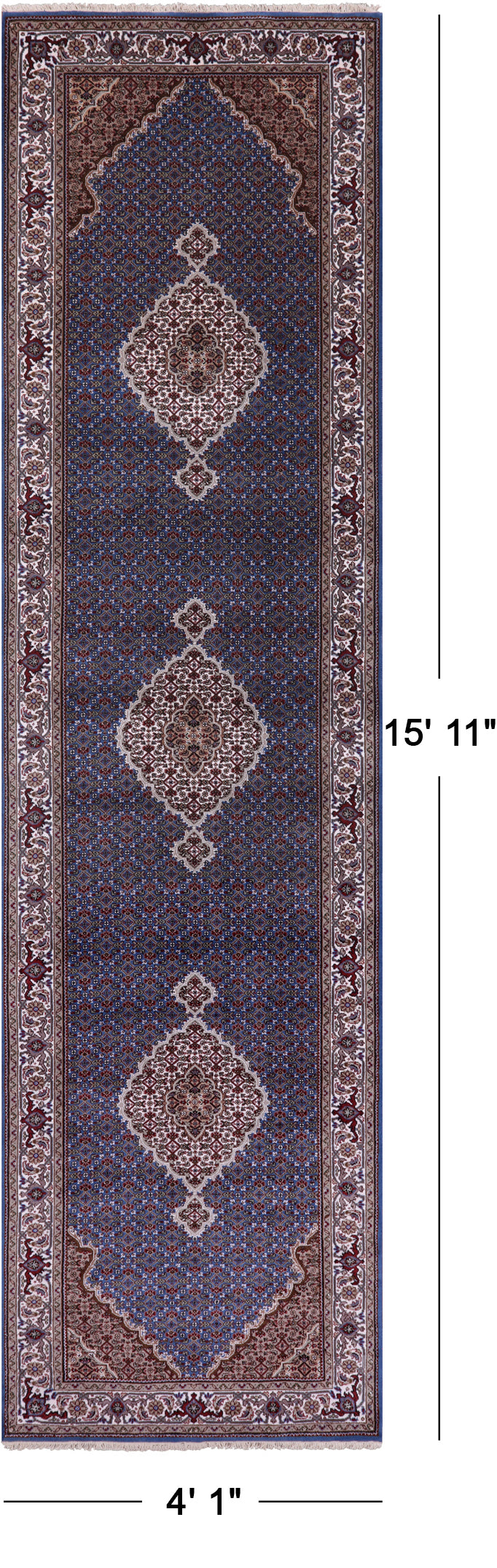 Blue Bijar Hand Knotted Wool & Silk Runner Rug - 4' 1" X 15' 11" - Golden Nile