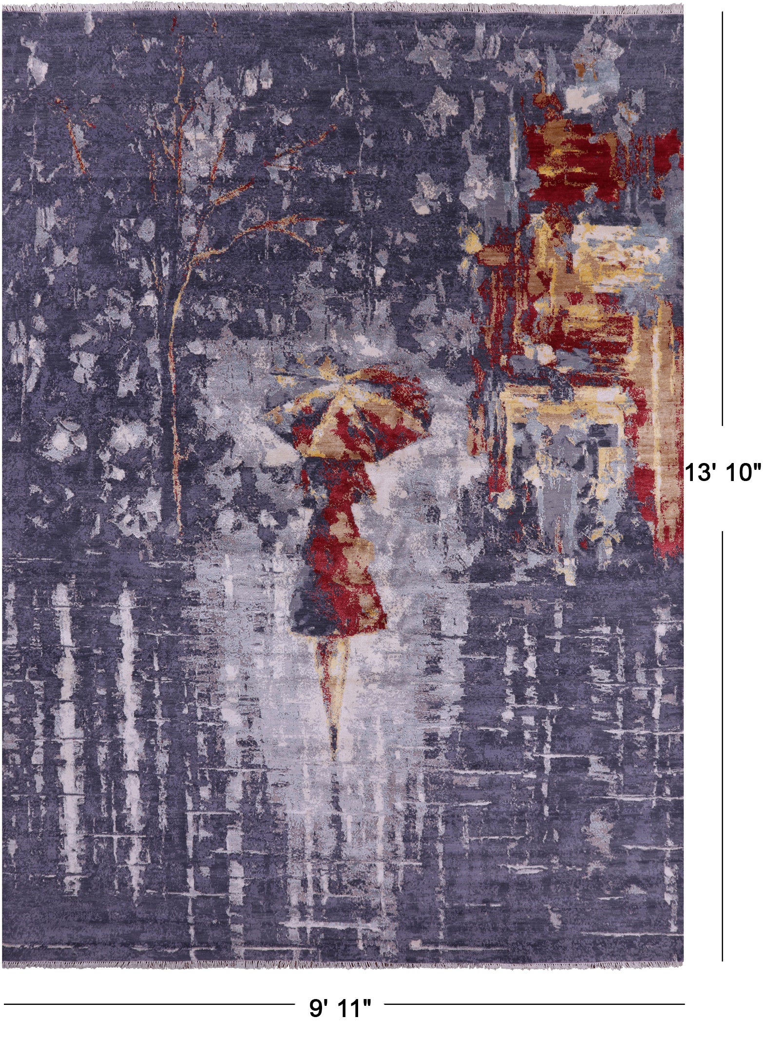 Woman Under The Rain Contemporary Hand Knotted Wool & Silk Rug - 9' 11" X 13' 10" - Golden Nile